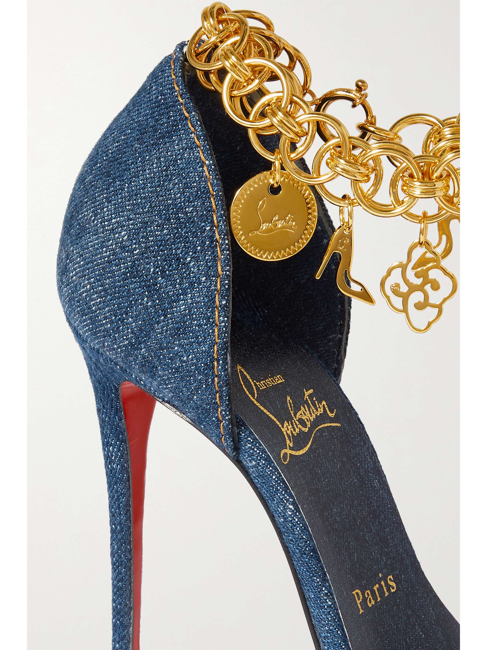 CHRISTIAN LOUBOUTIN Gourmi 100 chain-embellished denim sandals |  NET-A-PORTER