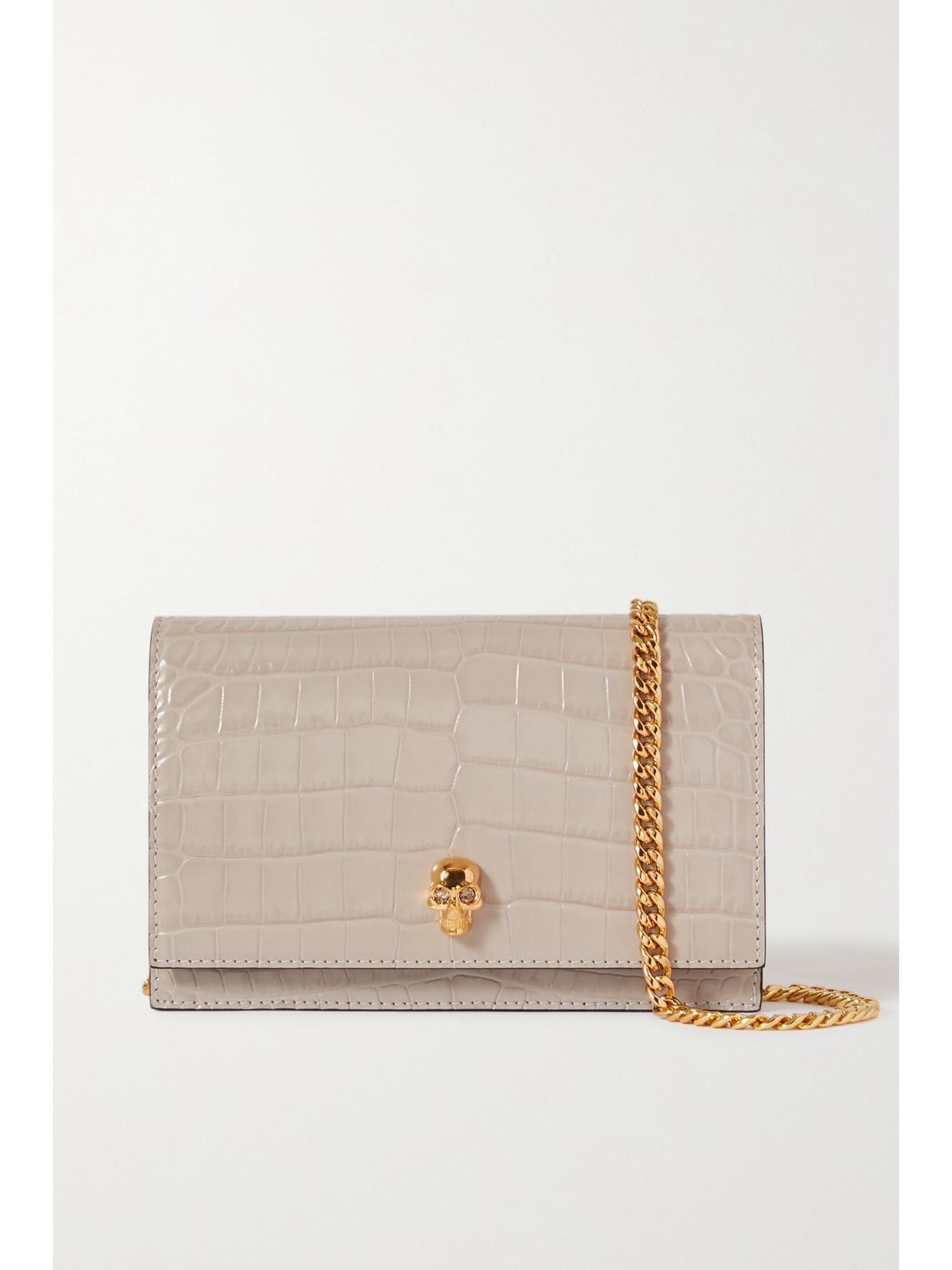 Alexander Mcqueen Skull Mini Embellished Croc-effect Leather Shoulder Bag In Gray