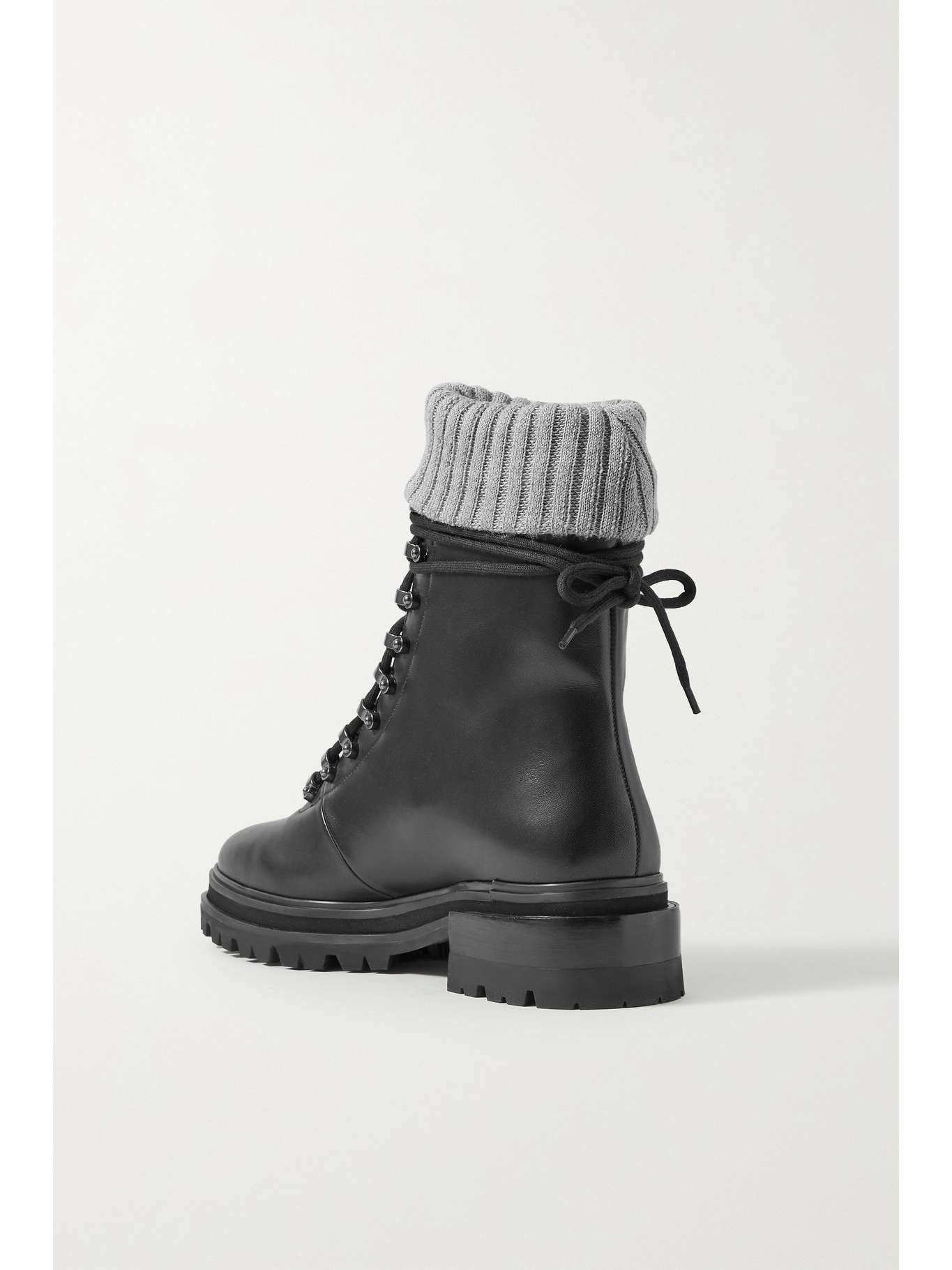 Black Ribbedknit trimmed leather combat boots PORTE & PAIRE NETA