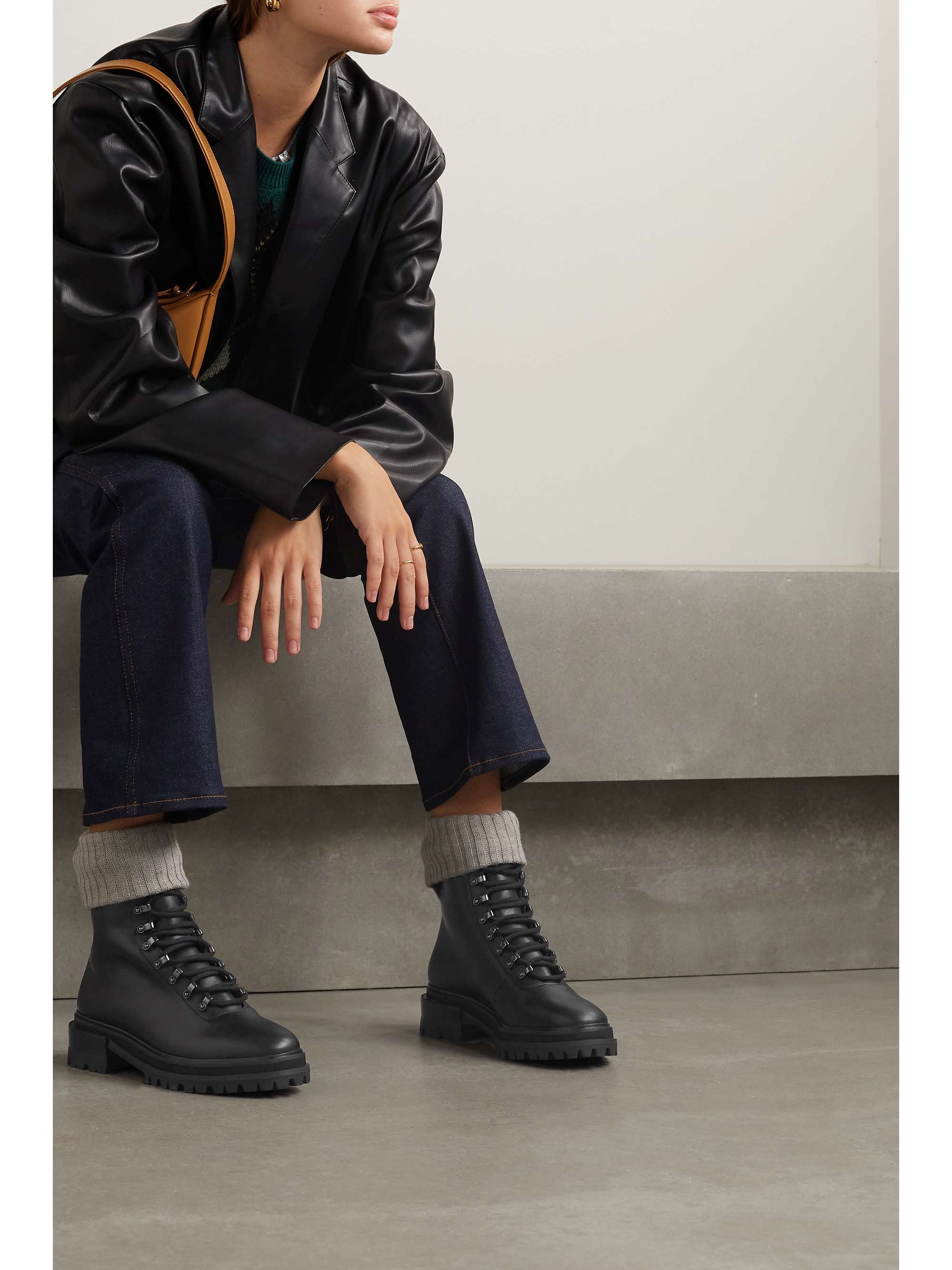 Black Ribbed-knit trimmed leather combat boots | PORTE & PAIRE | NET-A ...