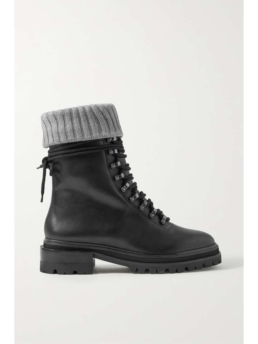 Porte & Paire Ribbed-knit Trimmed Leather Combat Boots