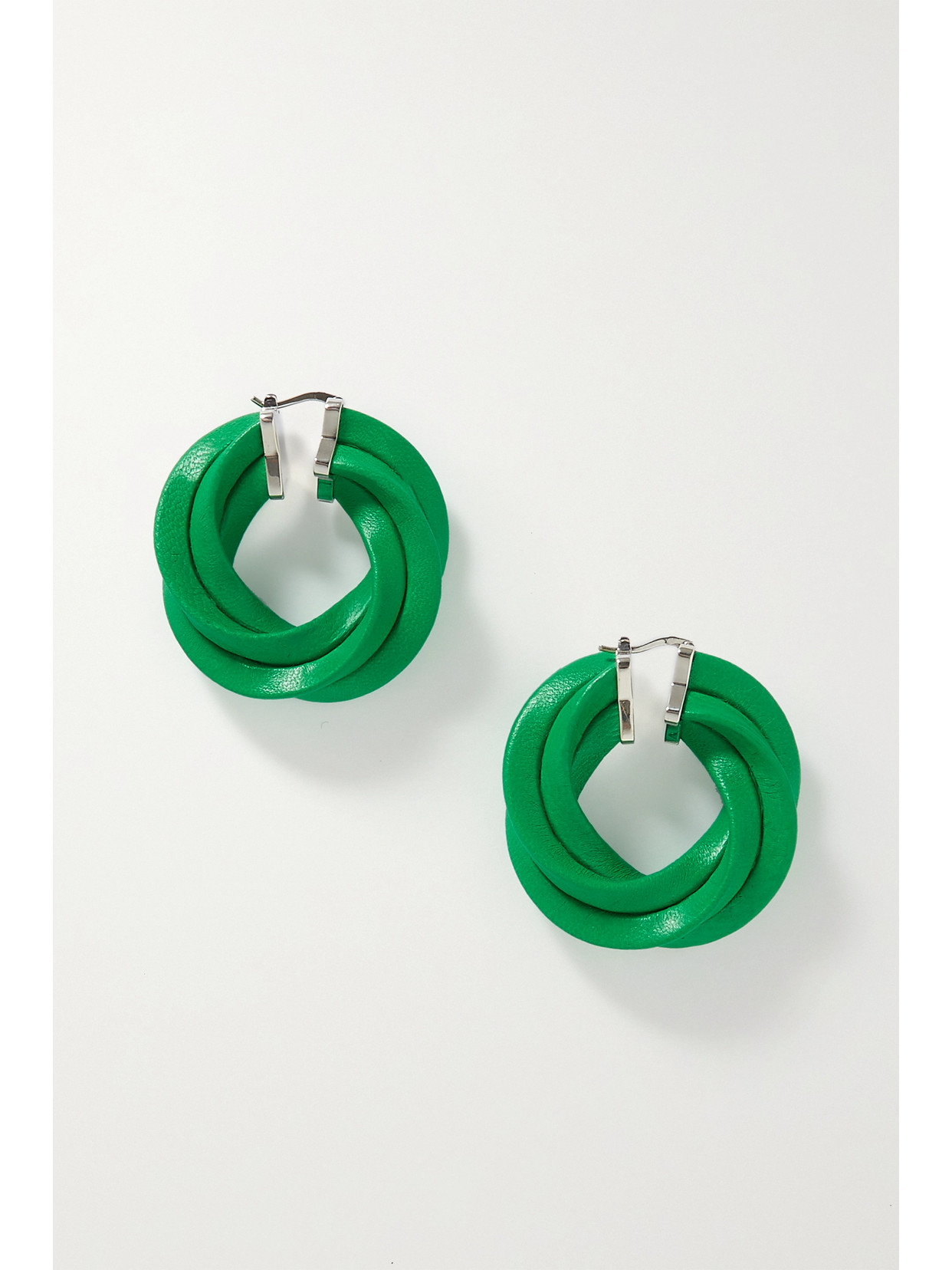Bottega Veneta Twisted Leather And Sterling-silver Hoop Earrings In Green