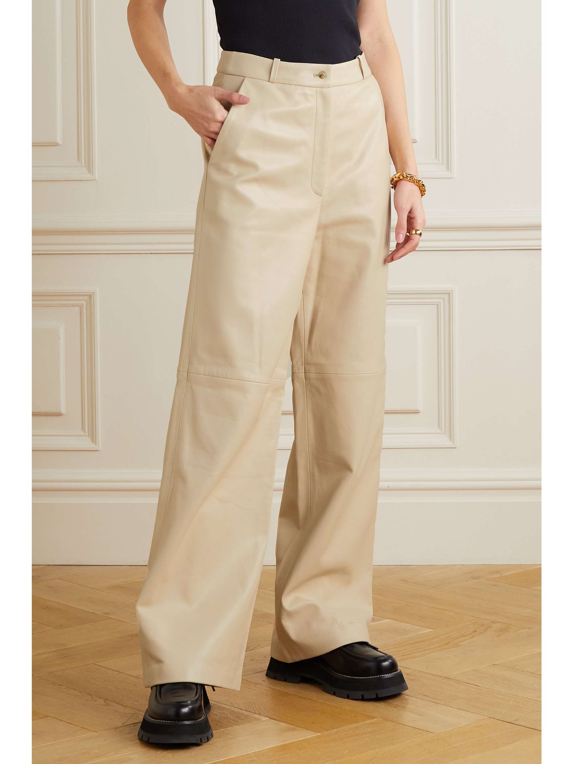 Cream Noro leather wide-leg pants 