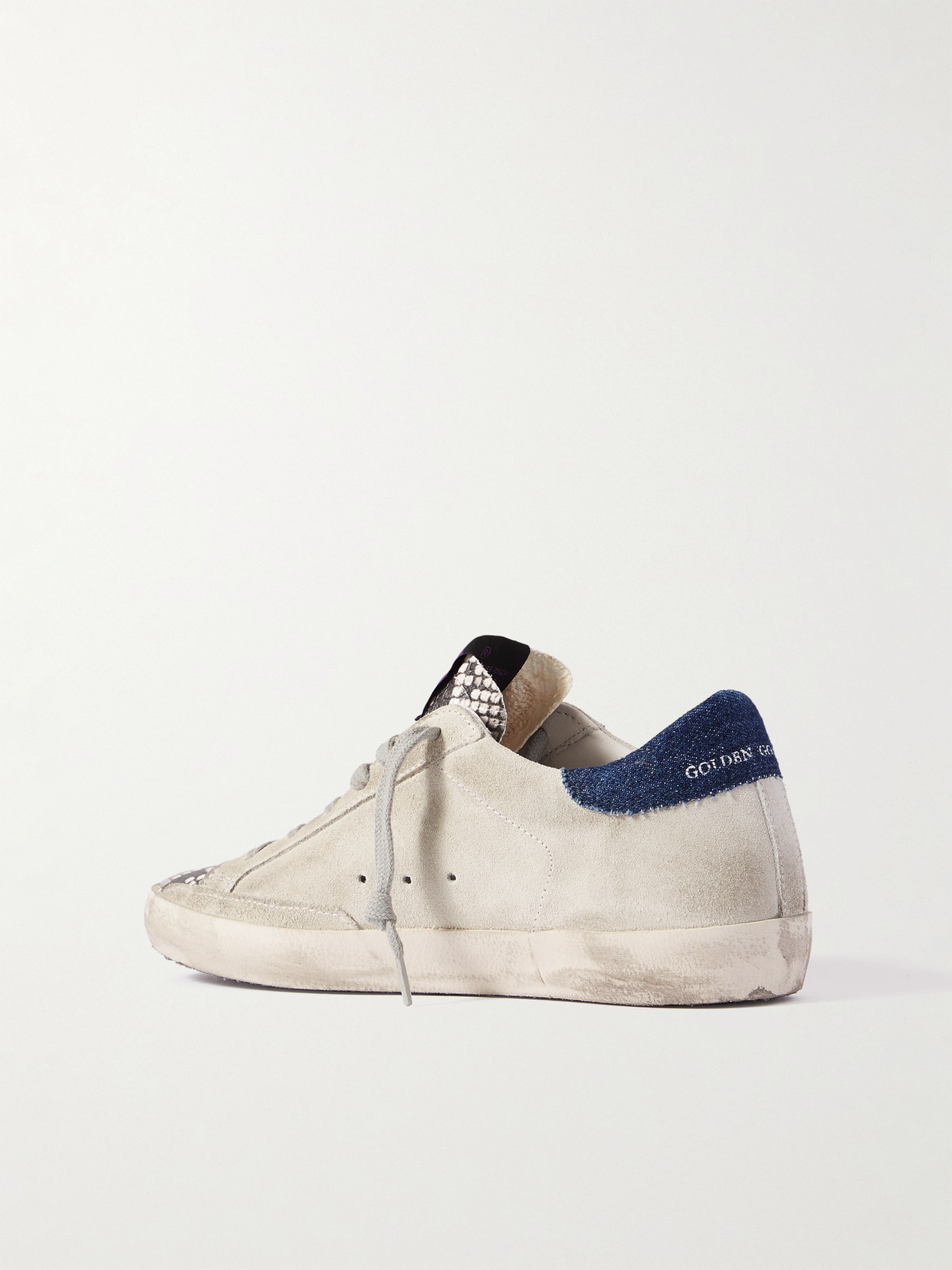 GOLDEN GOOSE SUPERSTAR DENIM-TRIMMED DISTRESSED SNAKE-EFFECT LEATHER AND SUEDE SNEAKERS