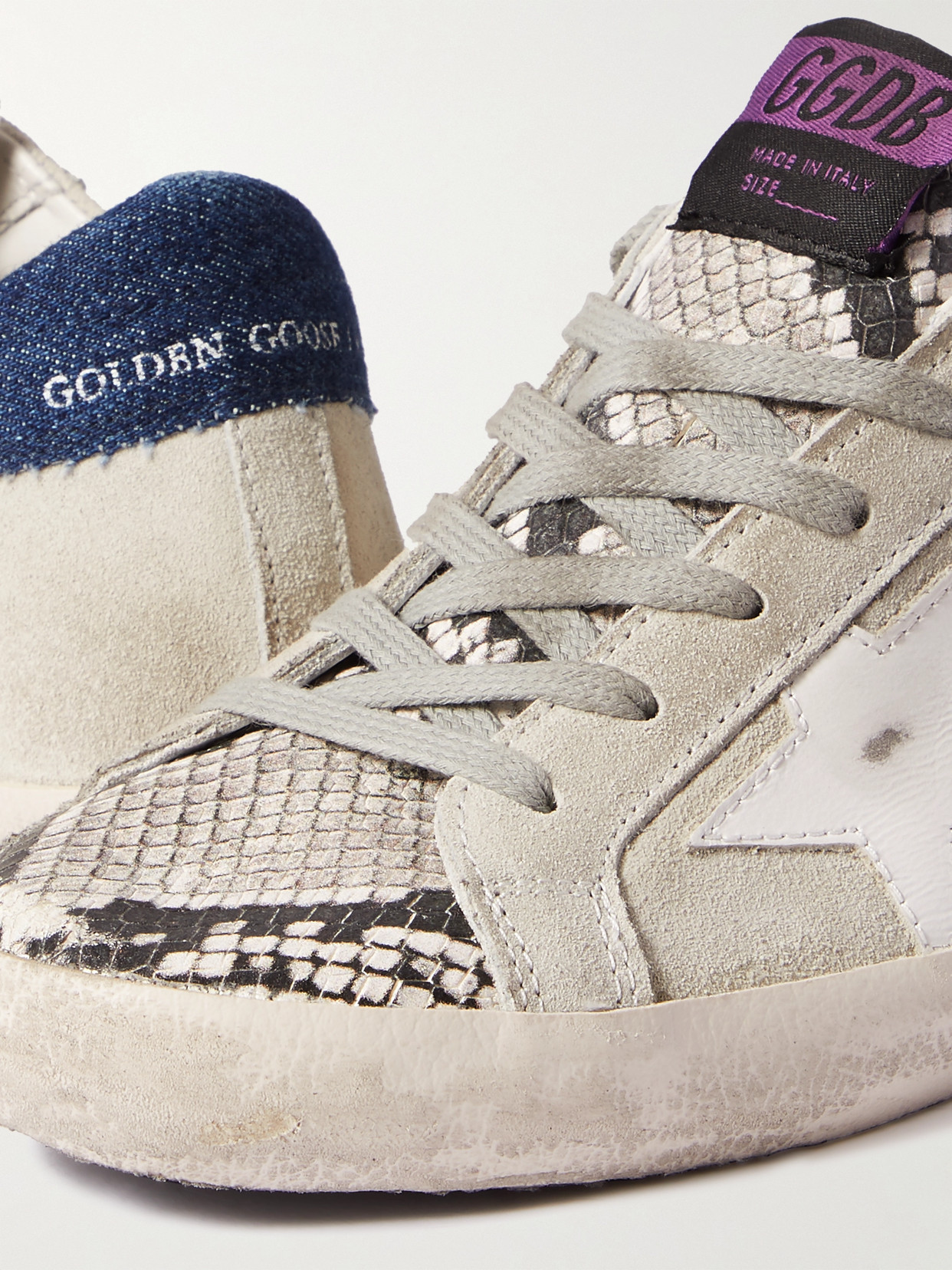 GOLDEN GOOSE SUPERSTAR DENIM-TRIMMED DISTRESSED SNAKE-EFFECT LEATHER AND SUEDE SNEAKERS