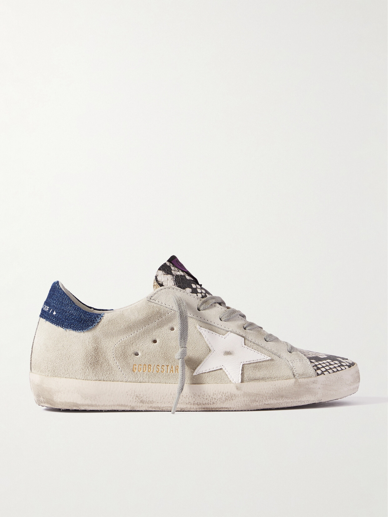 GOLDEN GOOSE SUPERSTAR DENIM-TRIMMED DISTRESSED SNAKE-EFFECT LEATHER AND SUEDE SNEAKERS