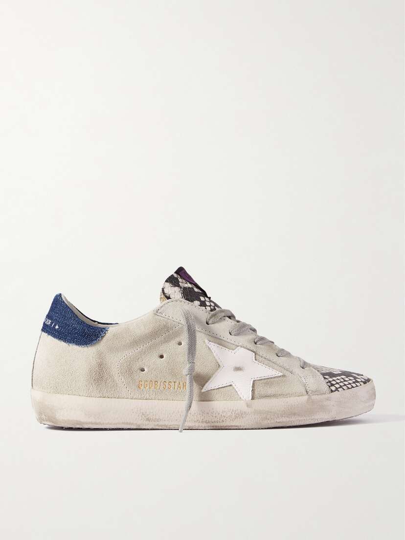 Golden Goose Superstar Denim-trimmed Distressed Snake-effect Leather And Suede Sneakers