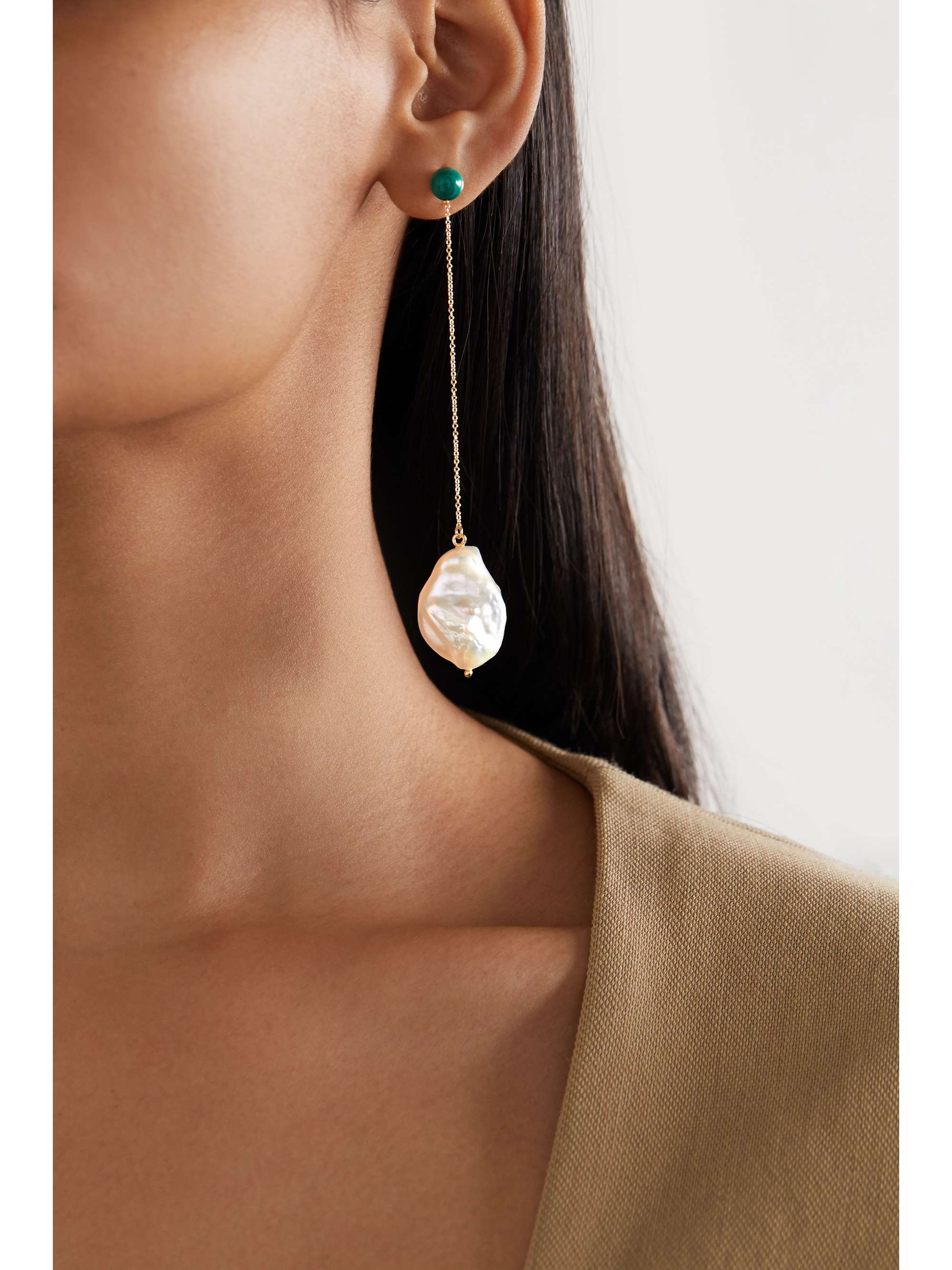 MATEO Duality 14-karat gold pearl and malachite earrings