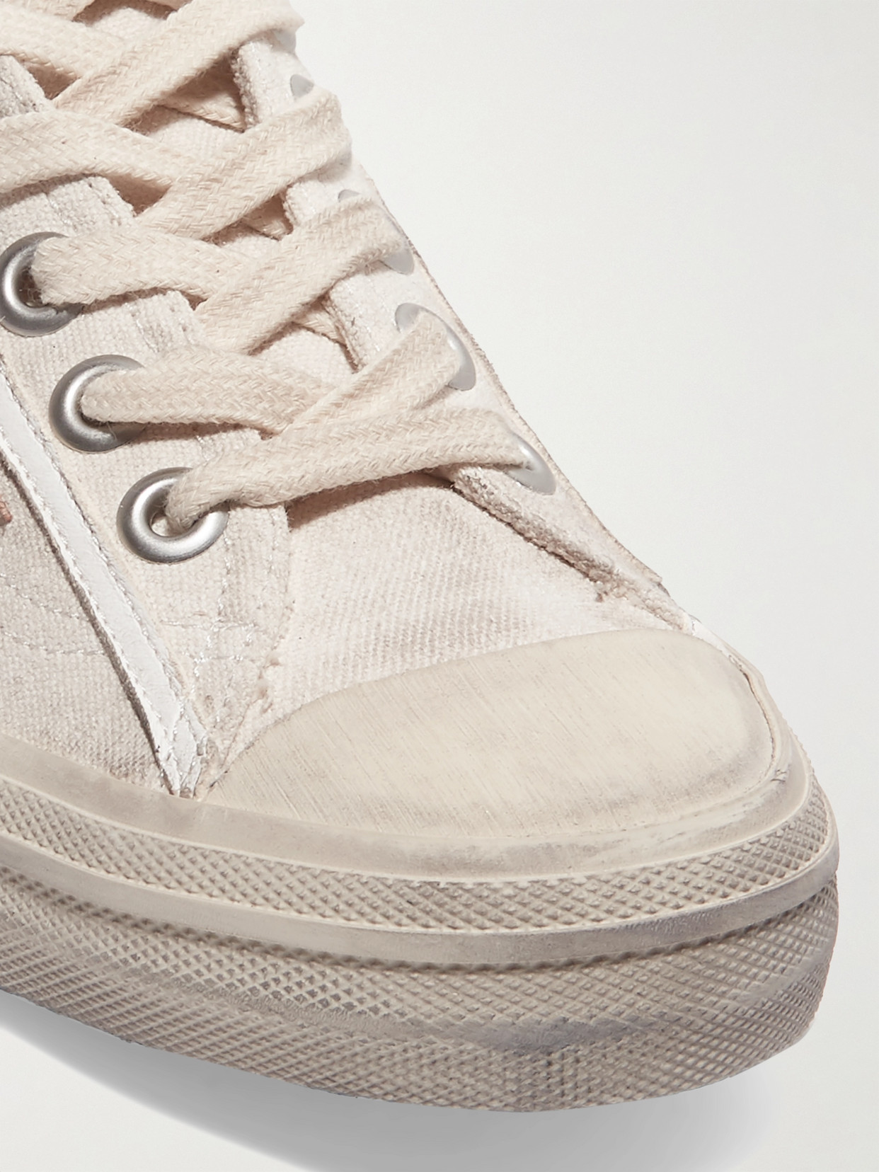Shop Golden Goose V-star Distressed Recycled Canvas And Leather Sneakers In Off-white