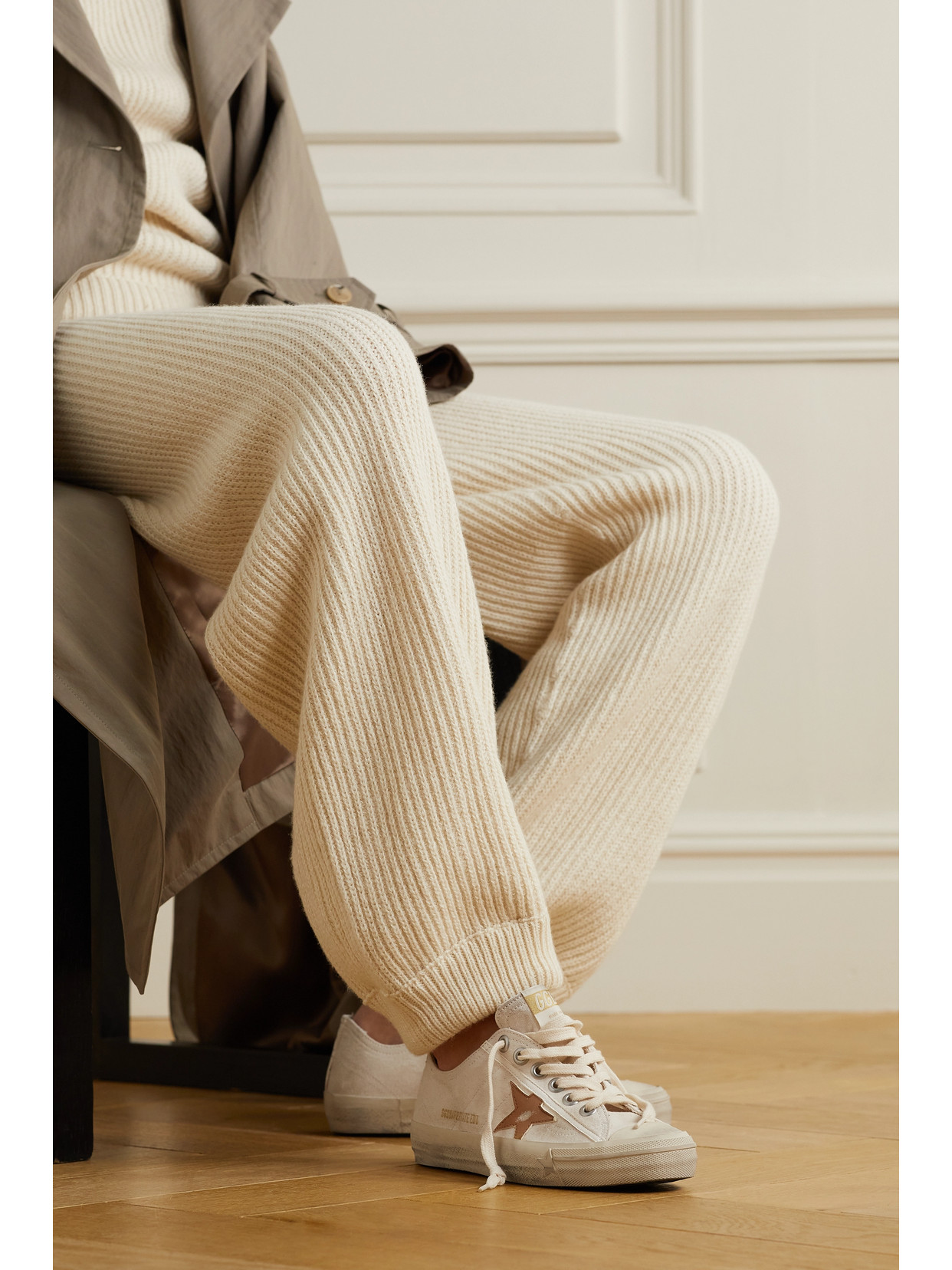 Shop Golden Goose V-star Distressed Recycled Canvas And Leather Sneakers In Off-white
