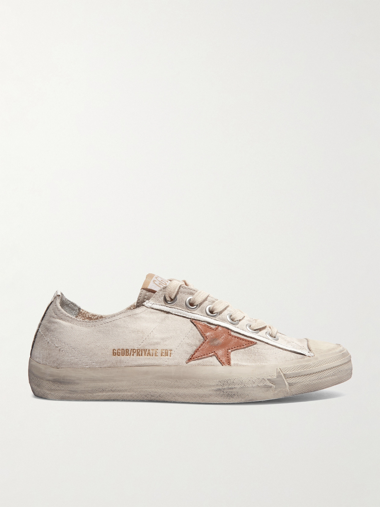 Golden Goose V-star Distressed Recycled Canvas And Leather Sneakers In Off-white
