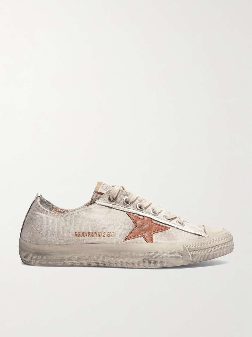 Golden Goose V-star Distressed Recycled Canvas And Leather Sneakers