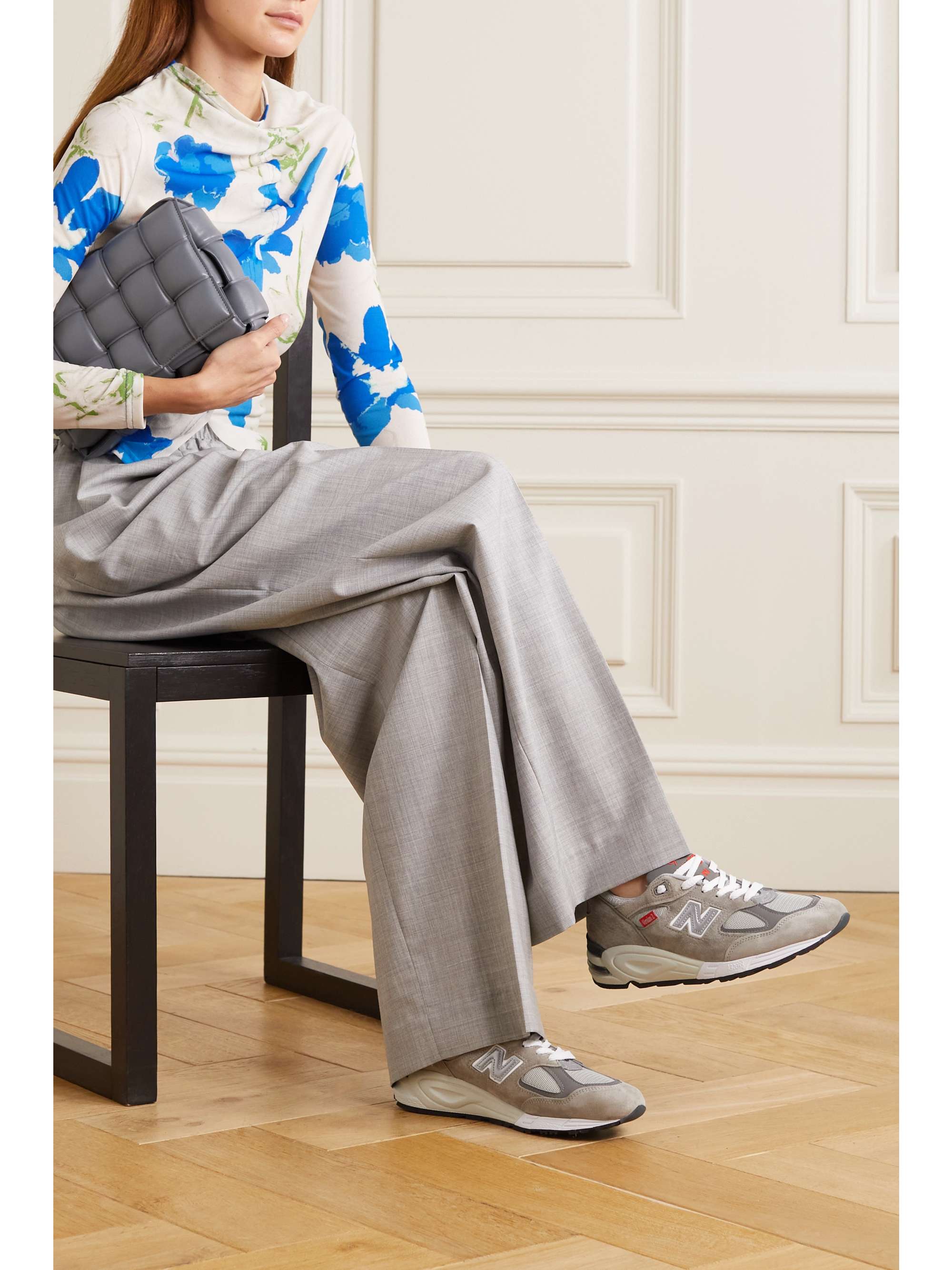 NEW BALANCE M990vs2 embroidered suede, mesh and leather sneakers