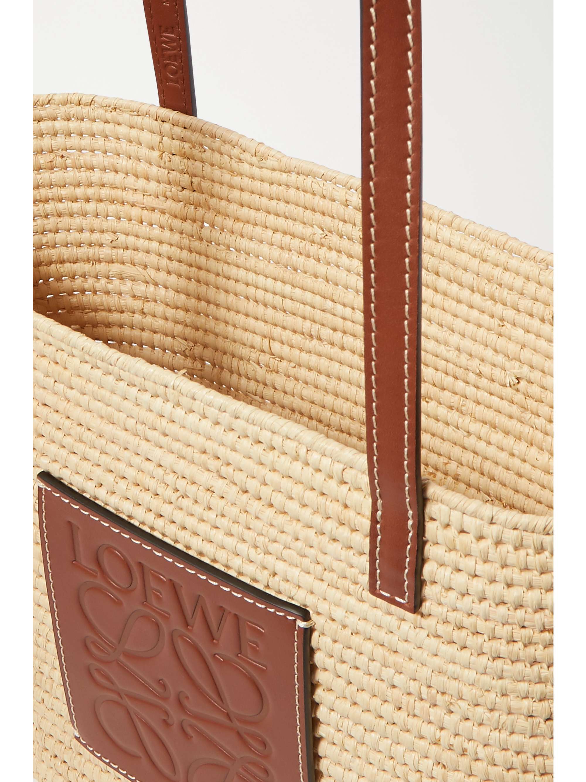 + Paula's Ibiza small leather-trimmed woven raffia tote