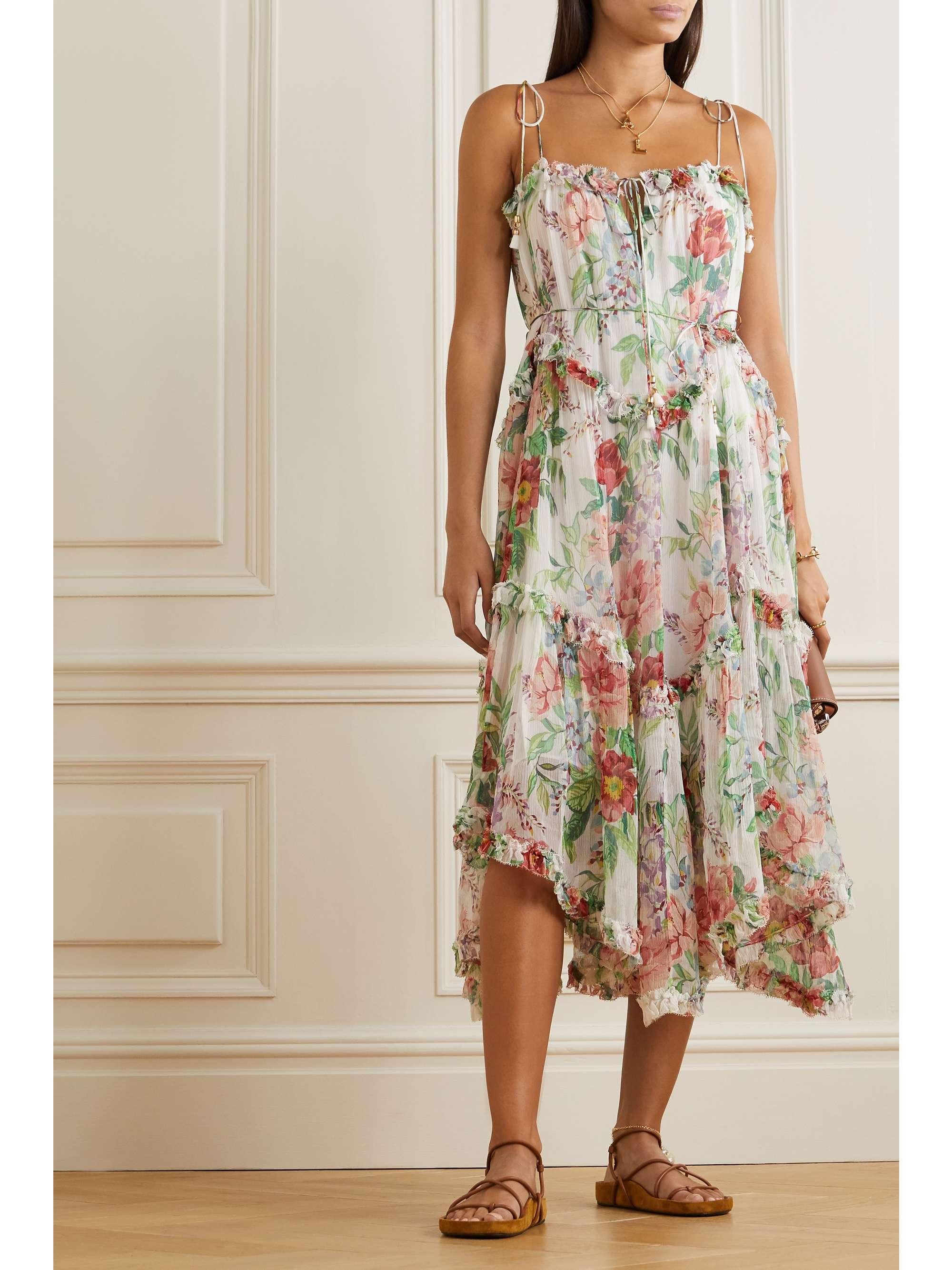 ZIMMERMANN Bellitude tasseled ruffle-trimmed silk-crepon midi dress