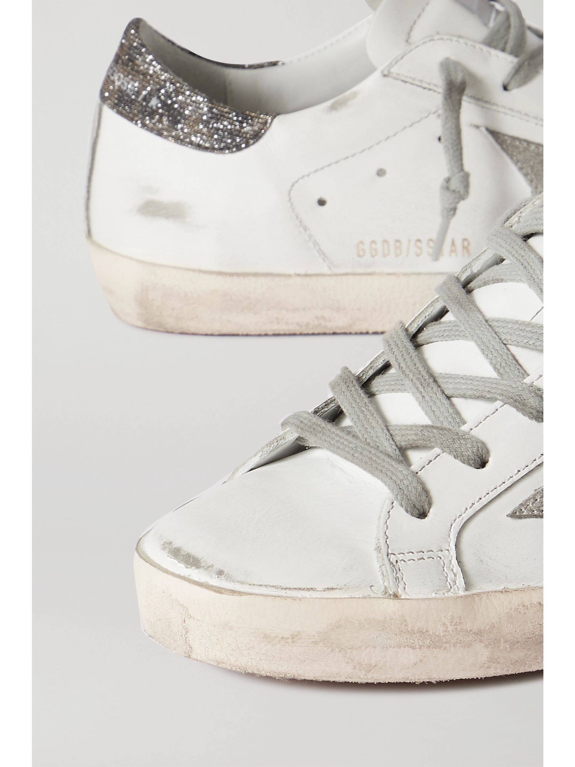 White Superstar distressed glittered leather sneakers | GOLDEN GOOSE | NET-A-PORTER