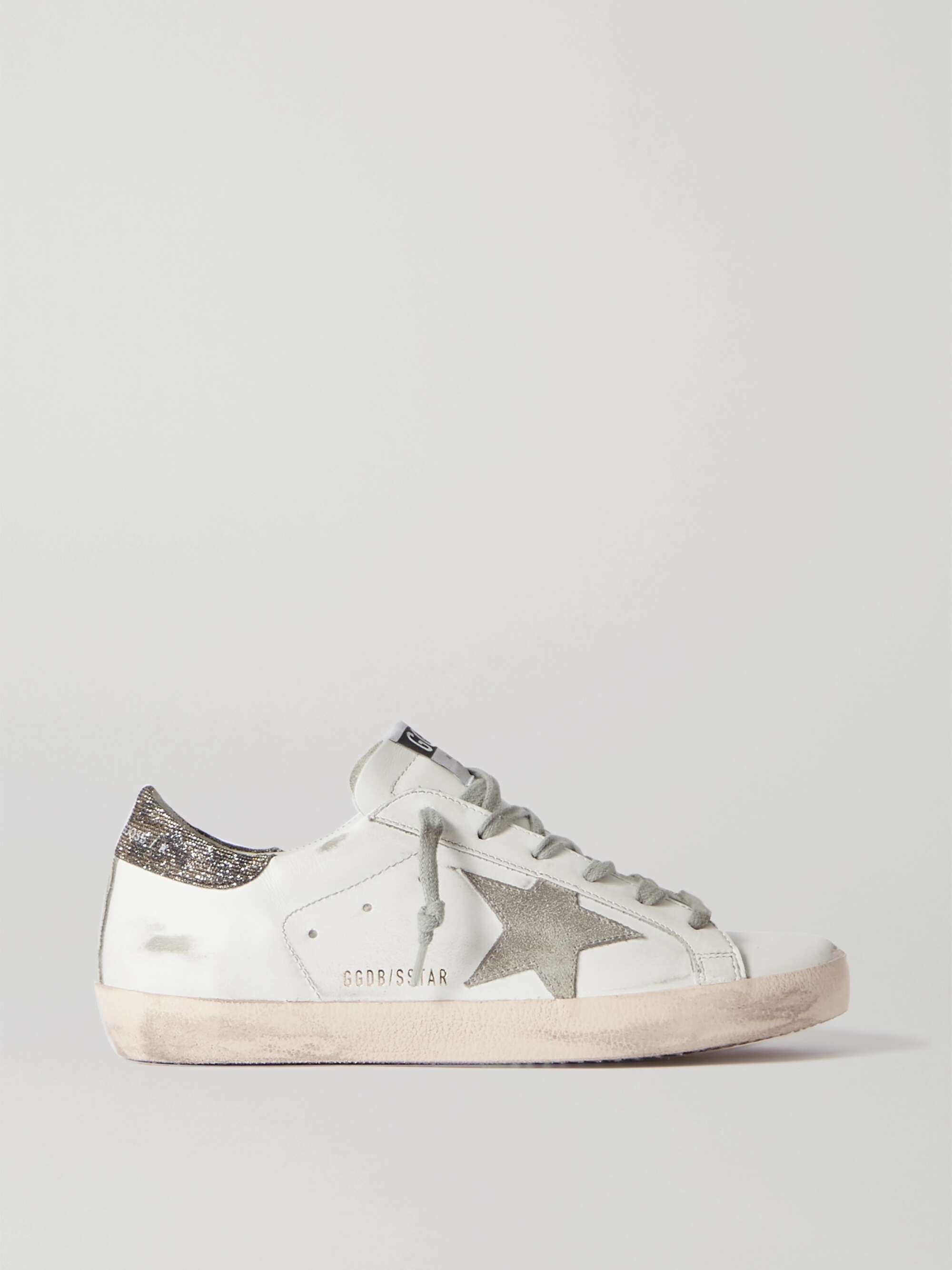 GOLDEN GOOSE Superstar glittered distressed leather and suede sneakers ...