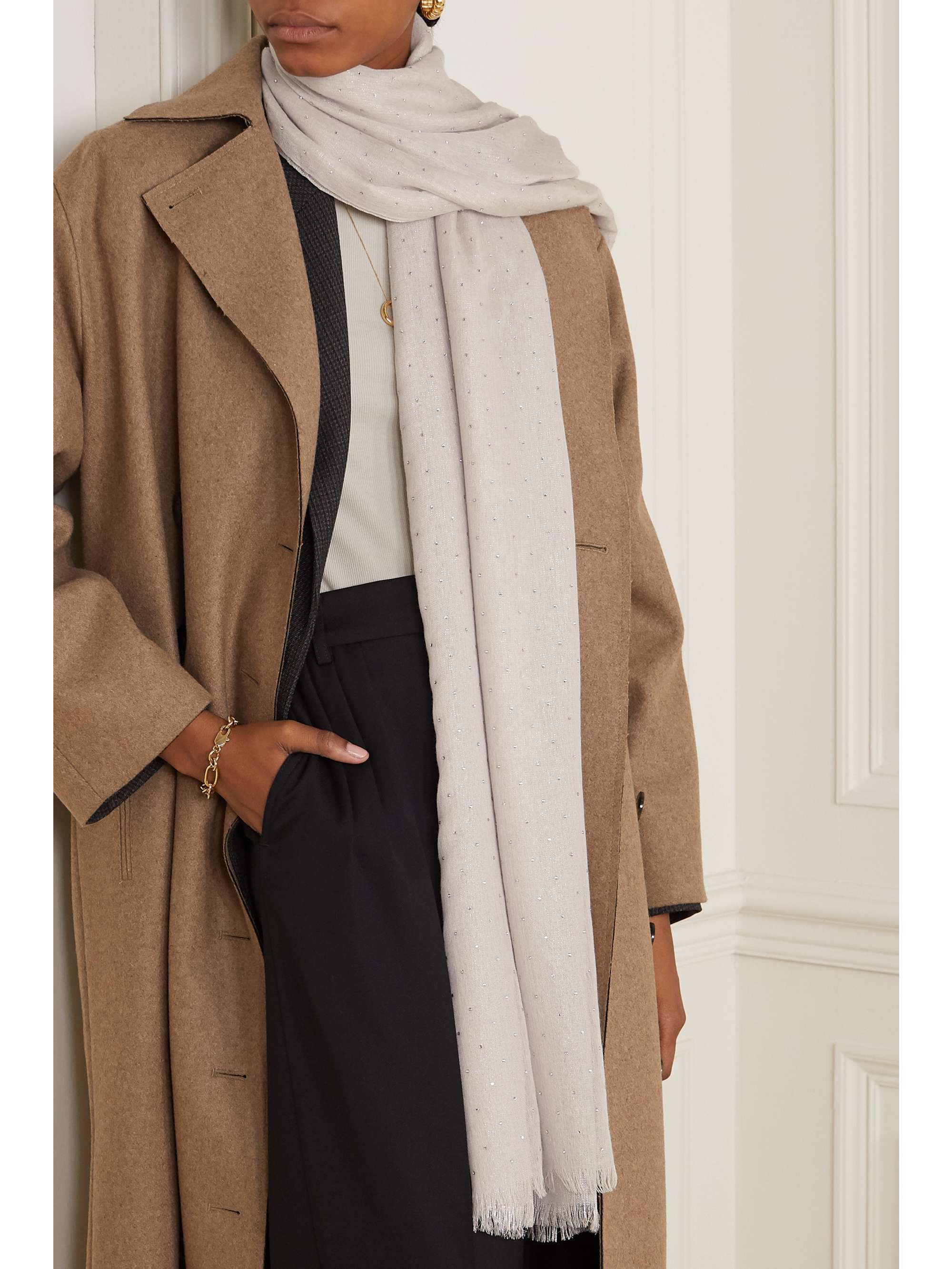 LORO PIANA Crystal-embellished metallic cashmere-blend scarf