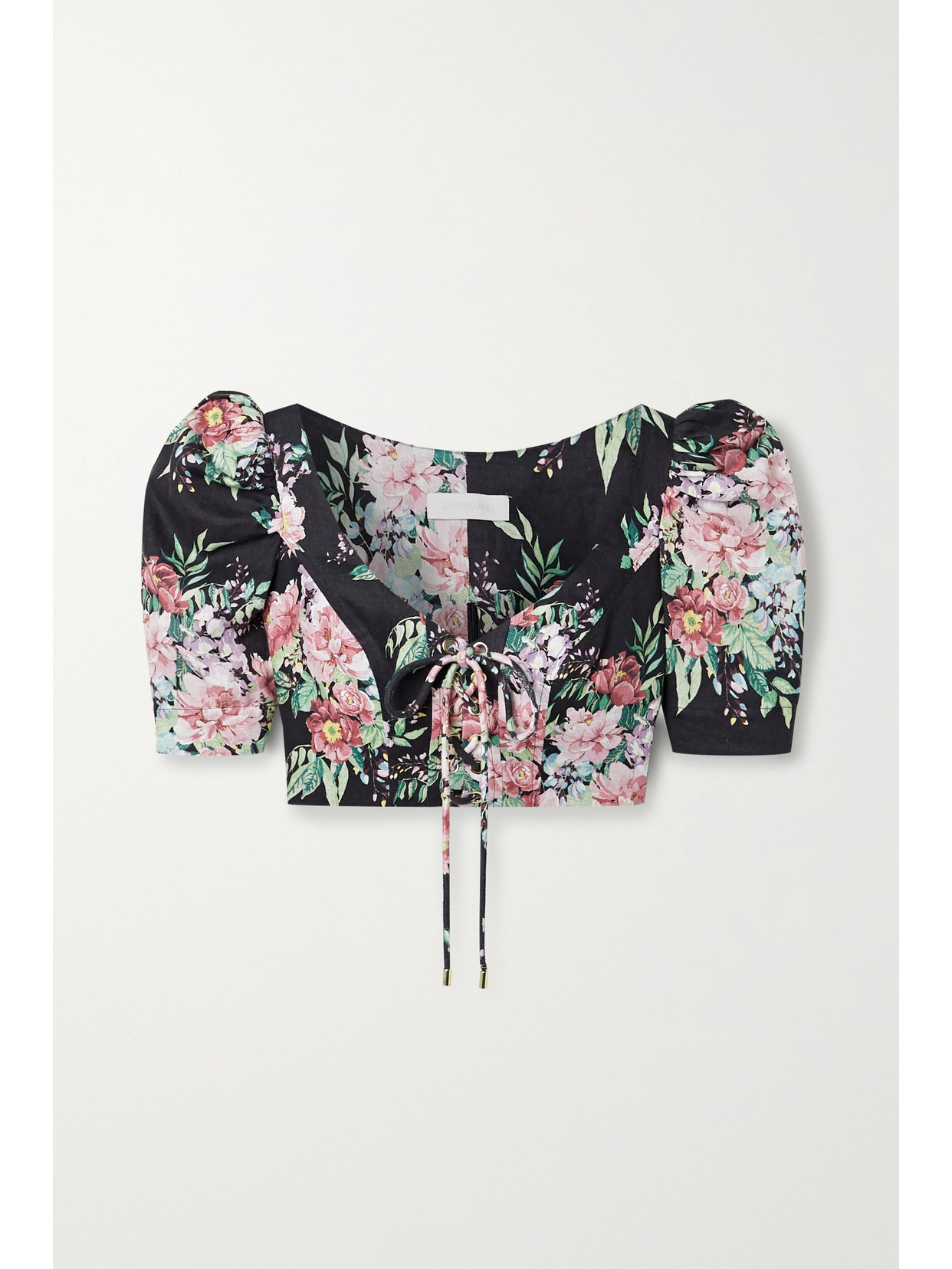 Zimmermann Bellitude Cropped Lace-up Floral-print Linen Top