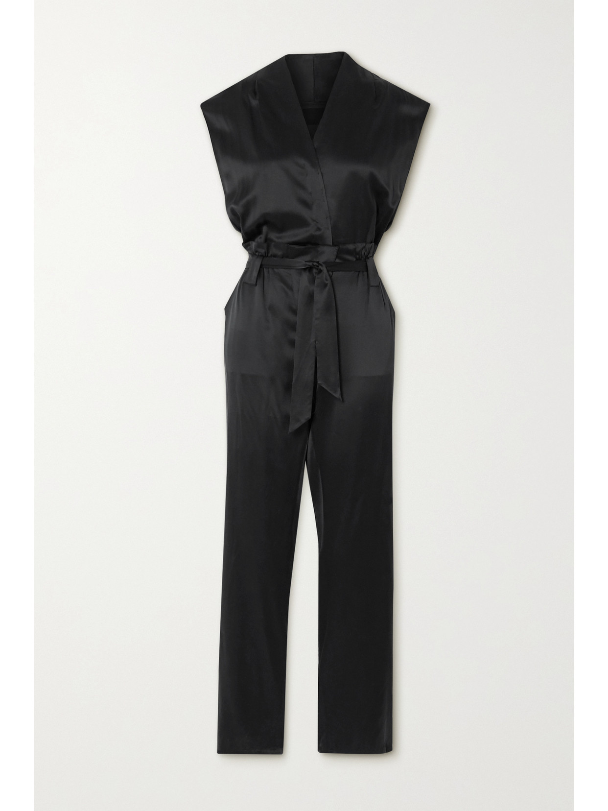 Rta Cynthia Belted Wrap-effect Silk-satin Jumpsuit In Black