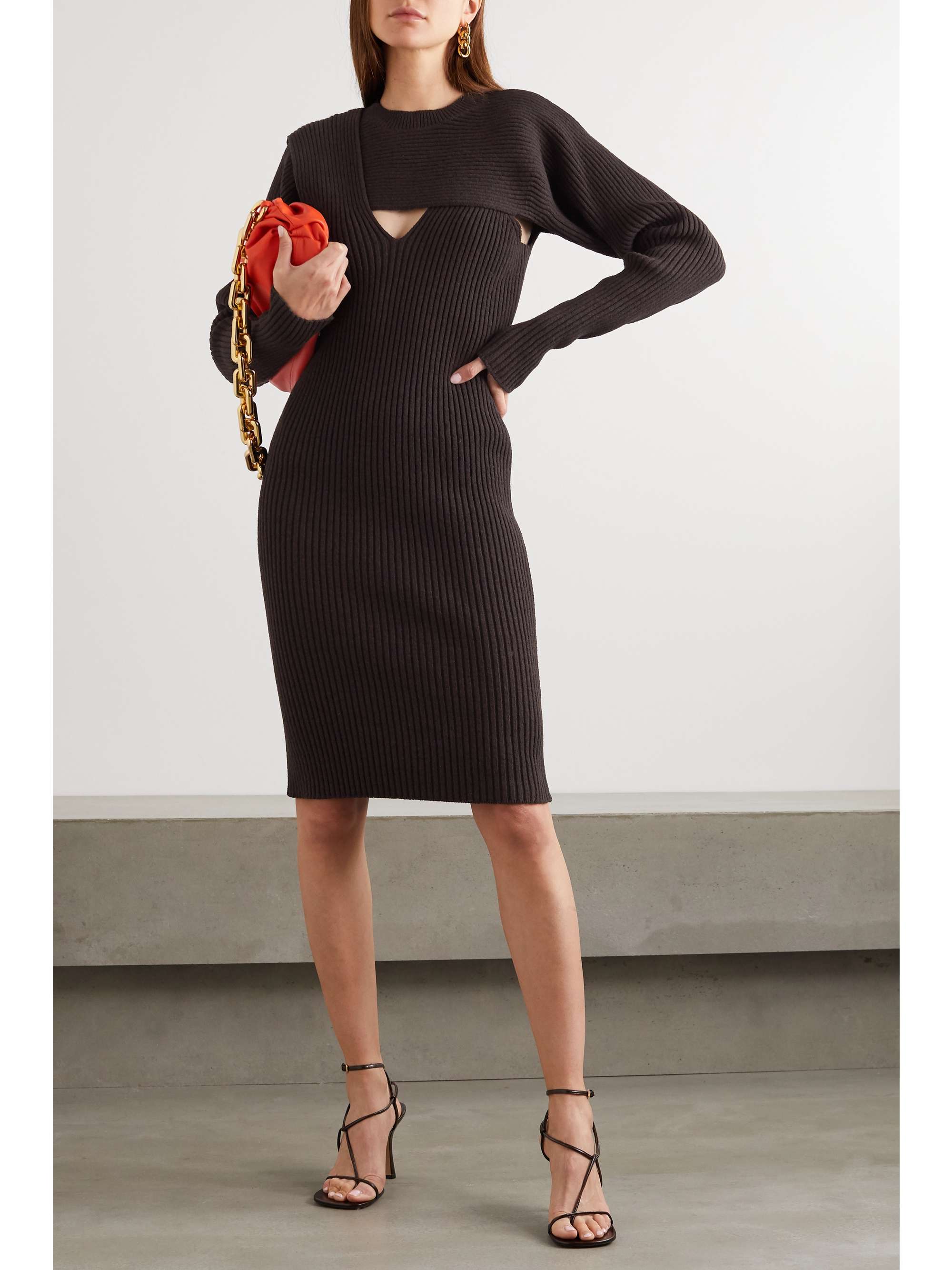 Brown Cutout ribbed-knit midi dress ...