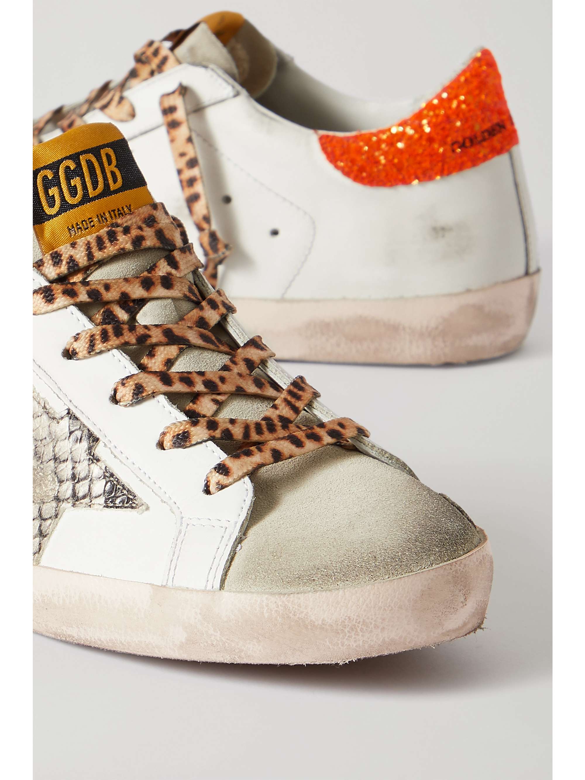 GOLDEN GOOSE Superstar glittered distressed leather and suede sneakers