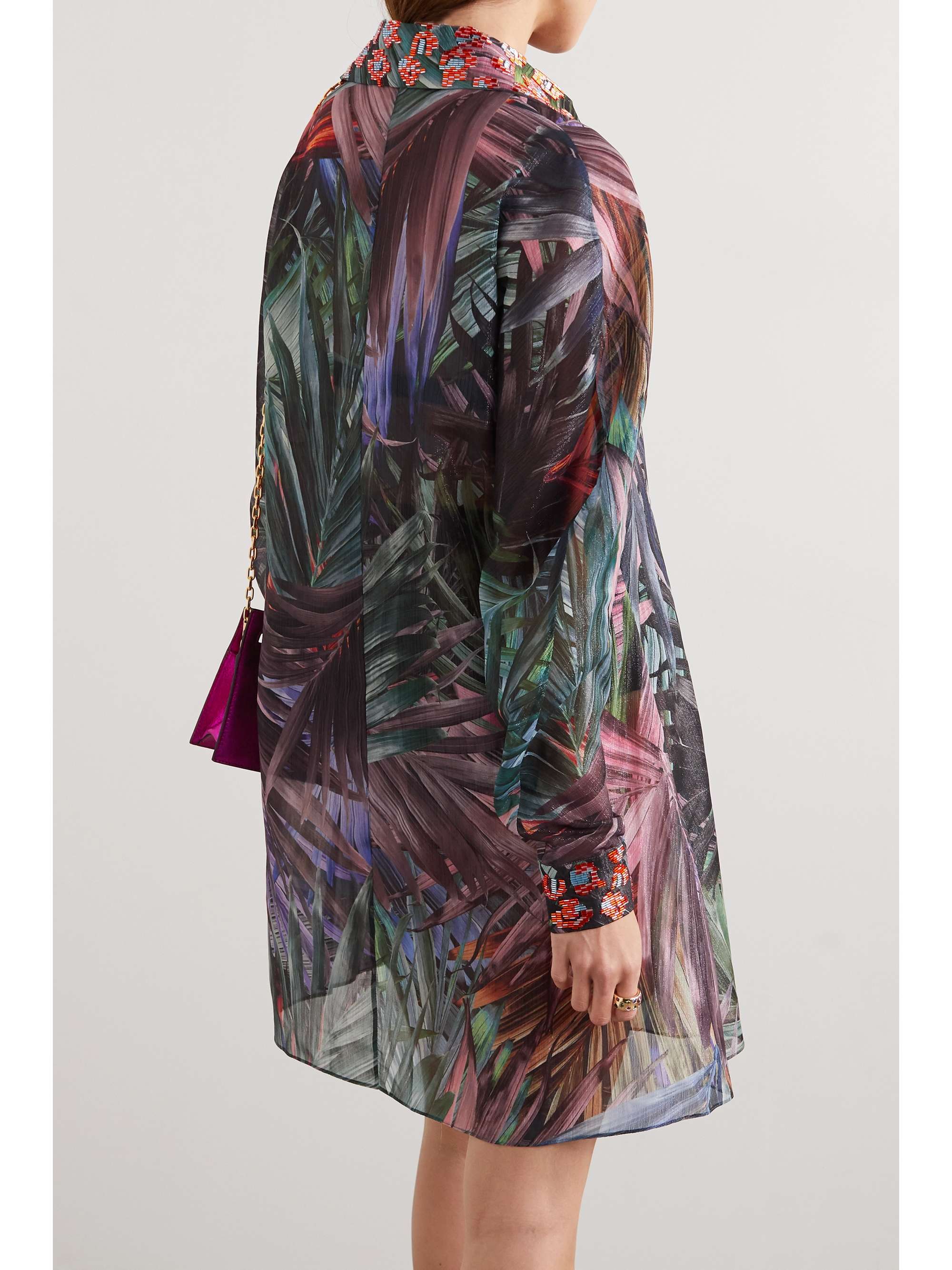 HALPERN Embellished metallic printed chiffon mini shirt dress