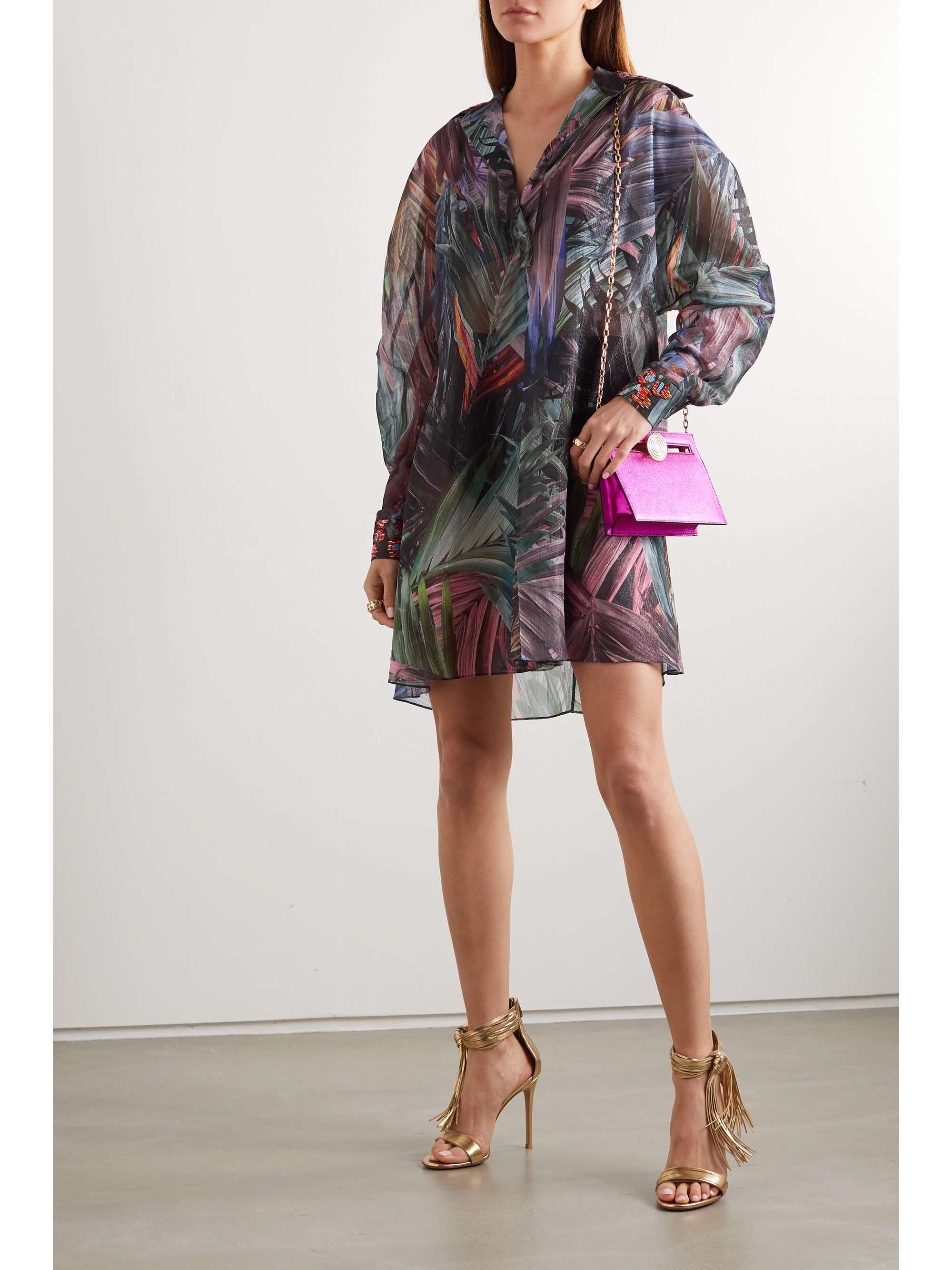 HALPERN Embellished metallic printed chiffon mini shirt dress