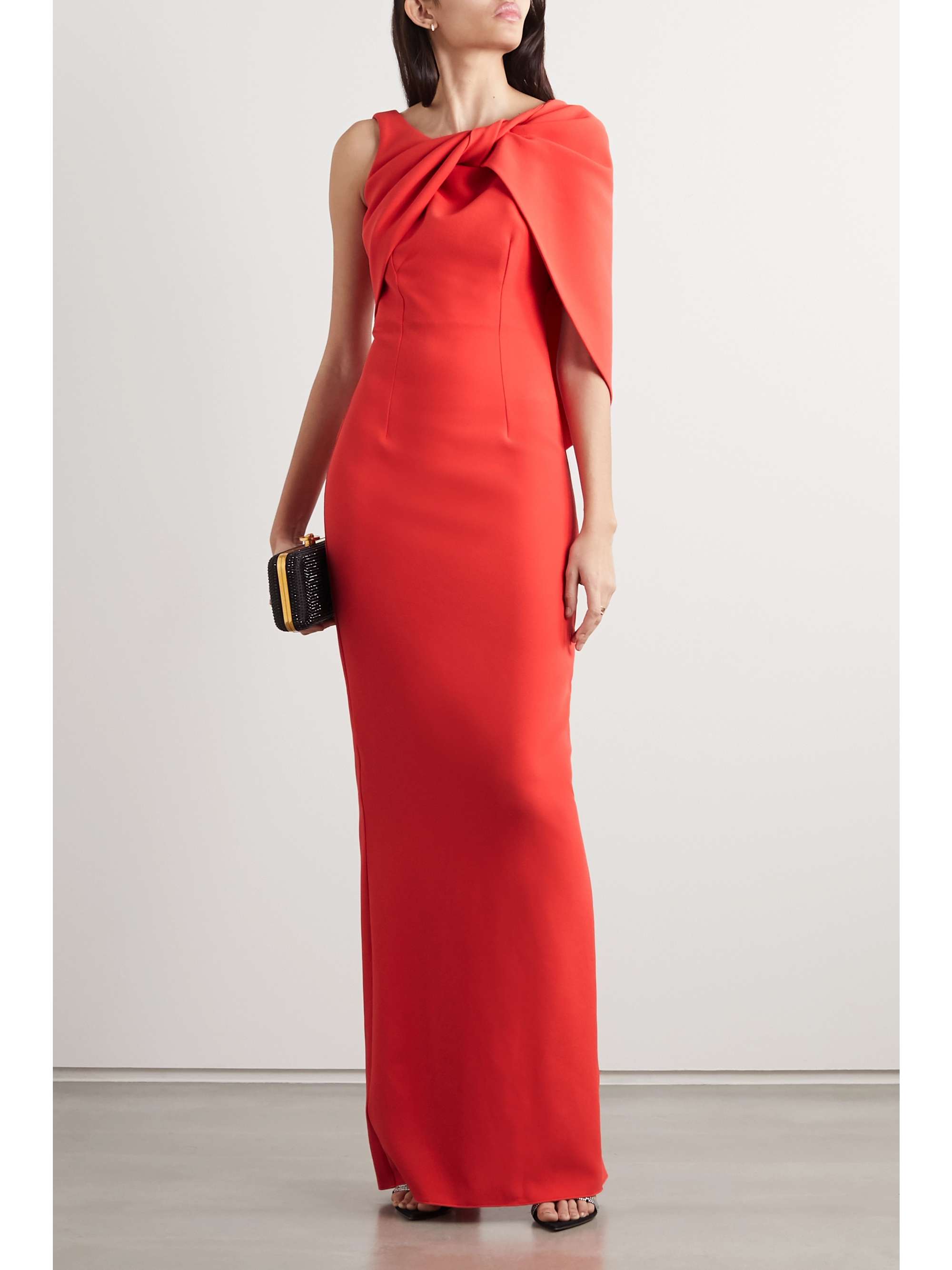 Red Knotted draped stretch-crepe gown 