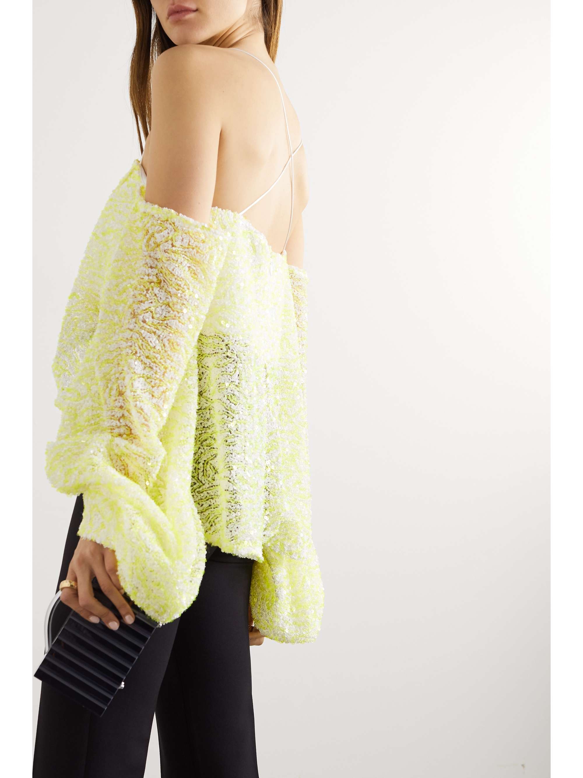 HALPERN Off-the-shoulder asymmetric sequined mesh top