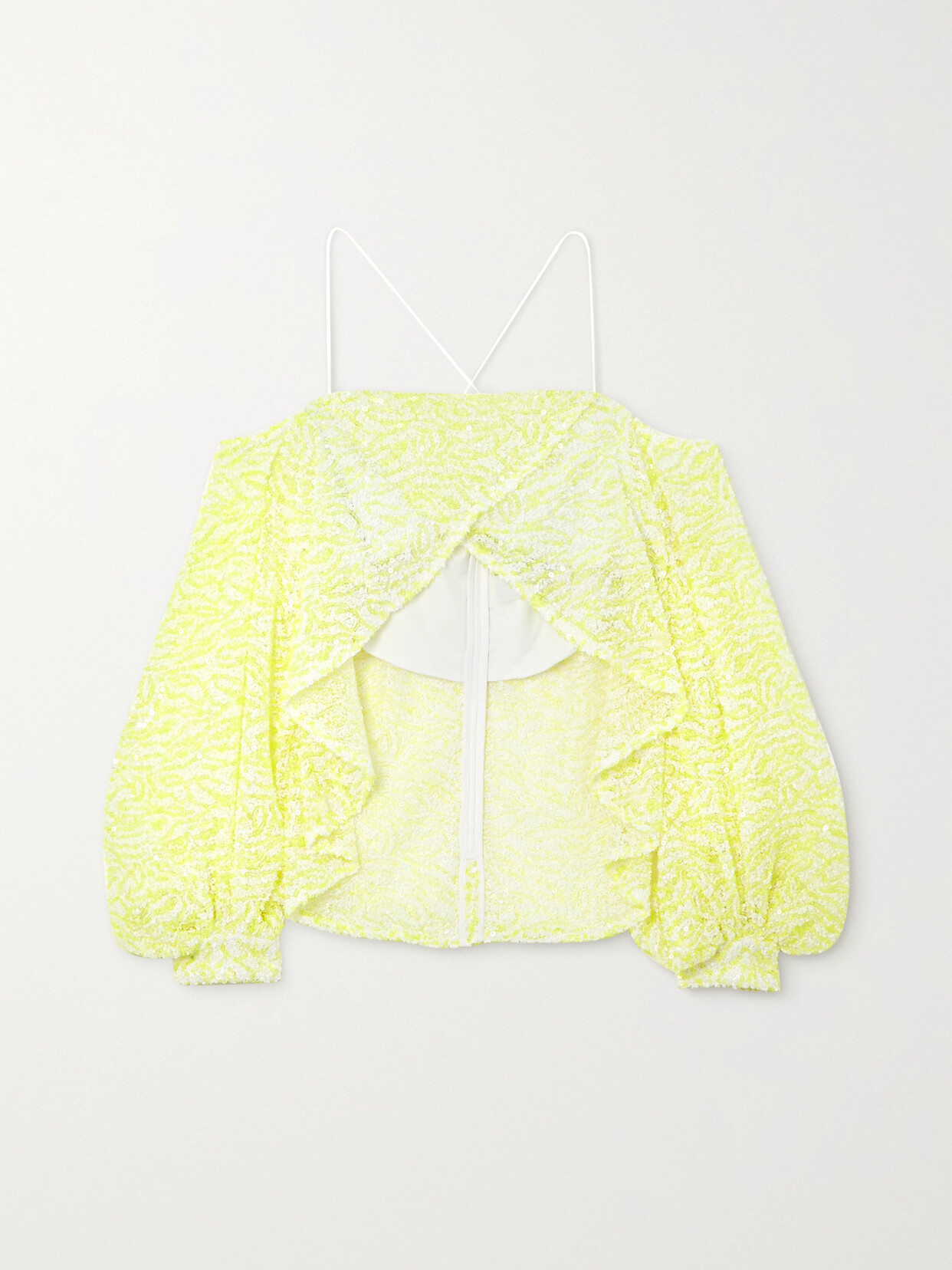 Halpern Off-the-shoulder Asymmetric Sequined Mesh Top - Yellow