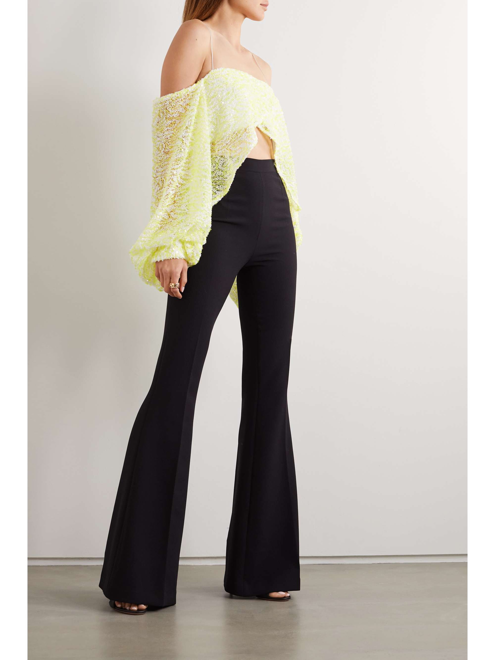 HALPERN Off-the-shoulder asymmetric sequined mesh top