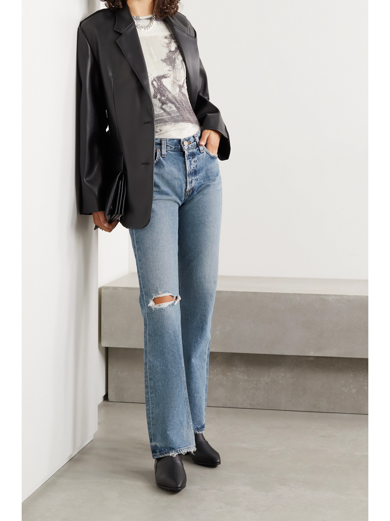 Shop Goldsign Nineties Distressed High-rise Bootcut Jeans In Mid Denim