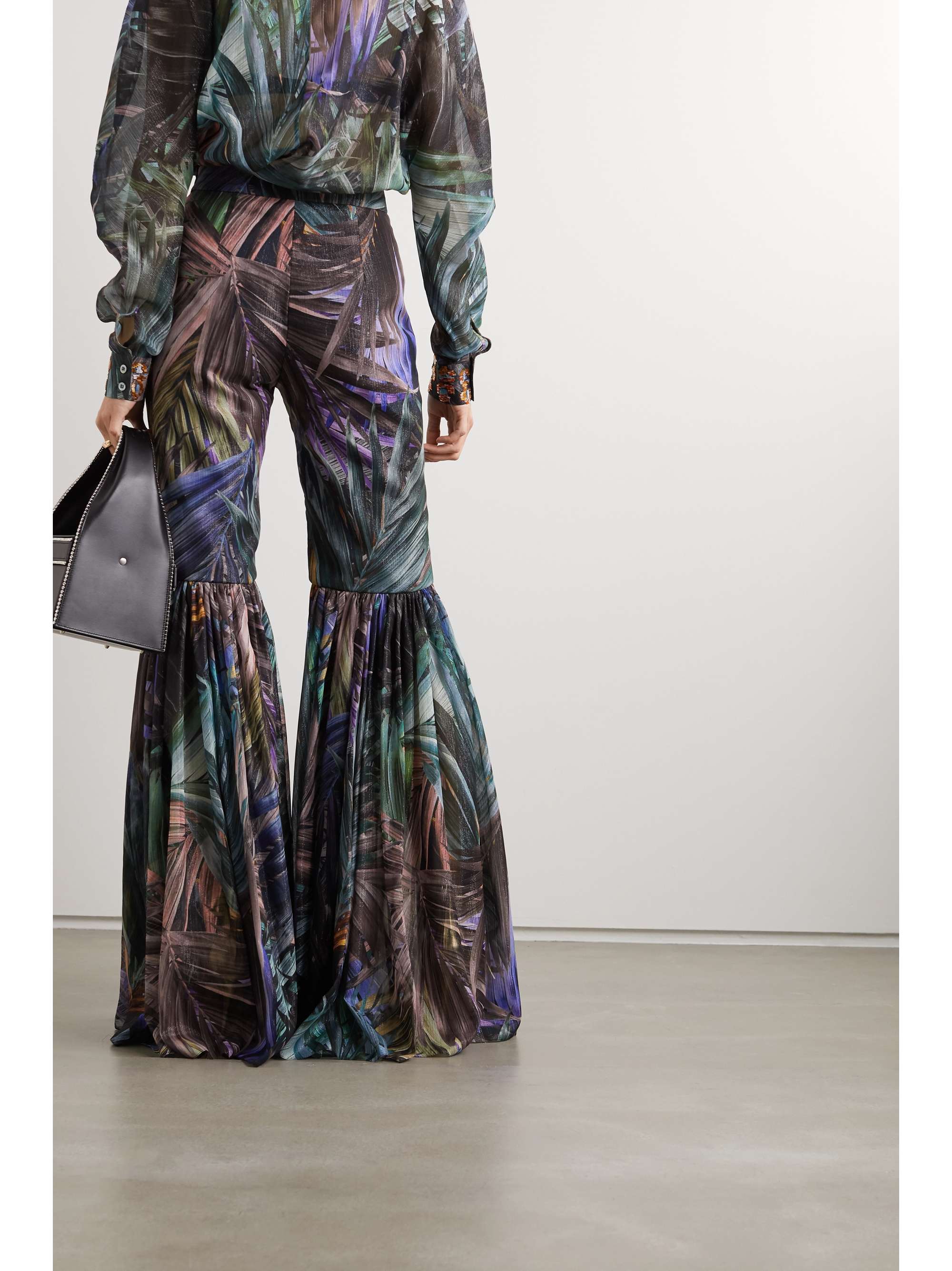 HALPERN Pleated metallic printed chiffon flared pants