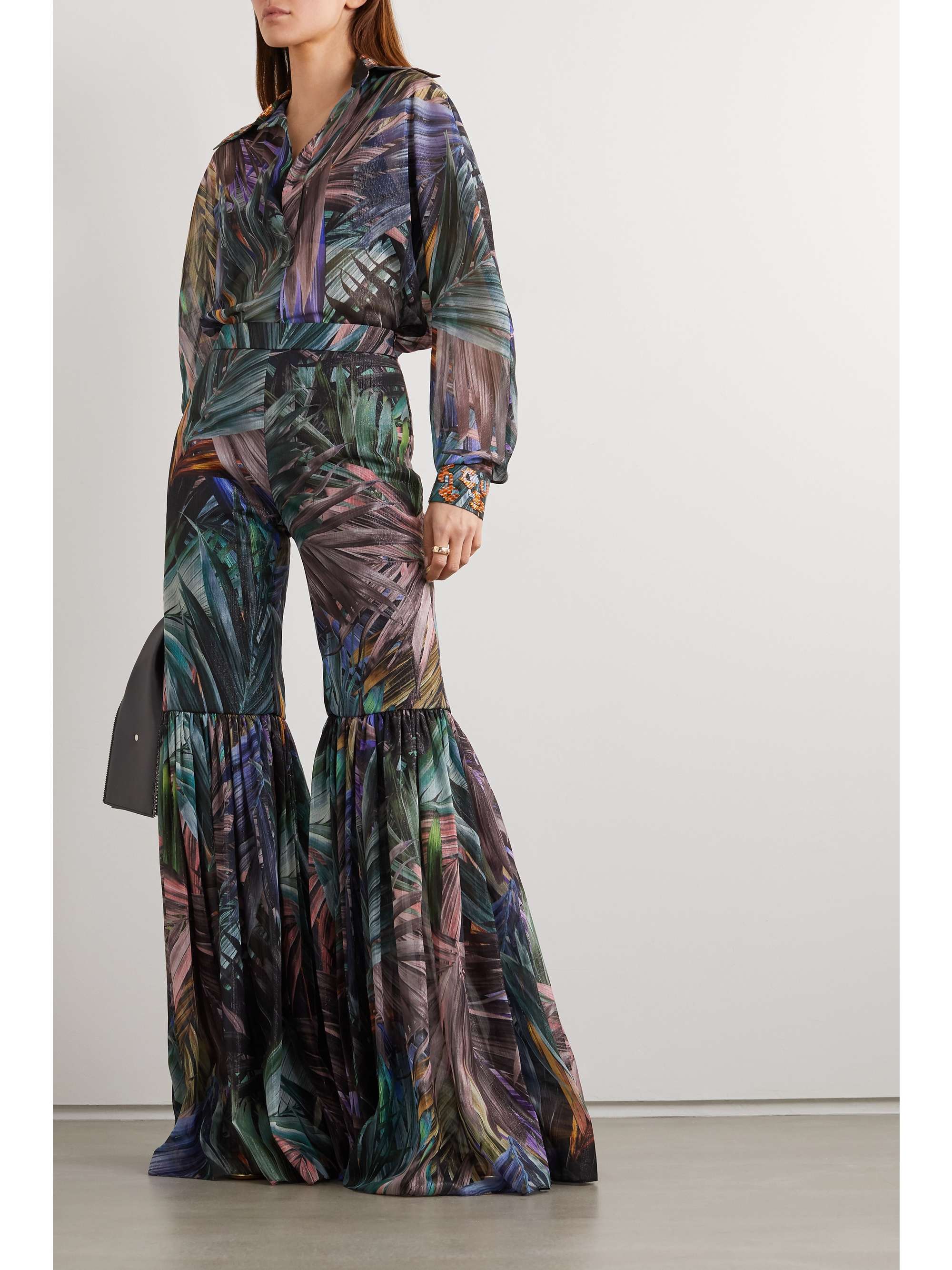 HALPERN Pleated metallic printed chiffon flared pants