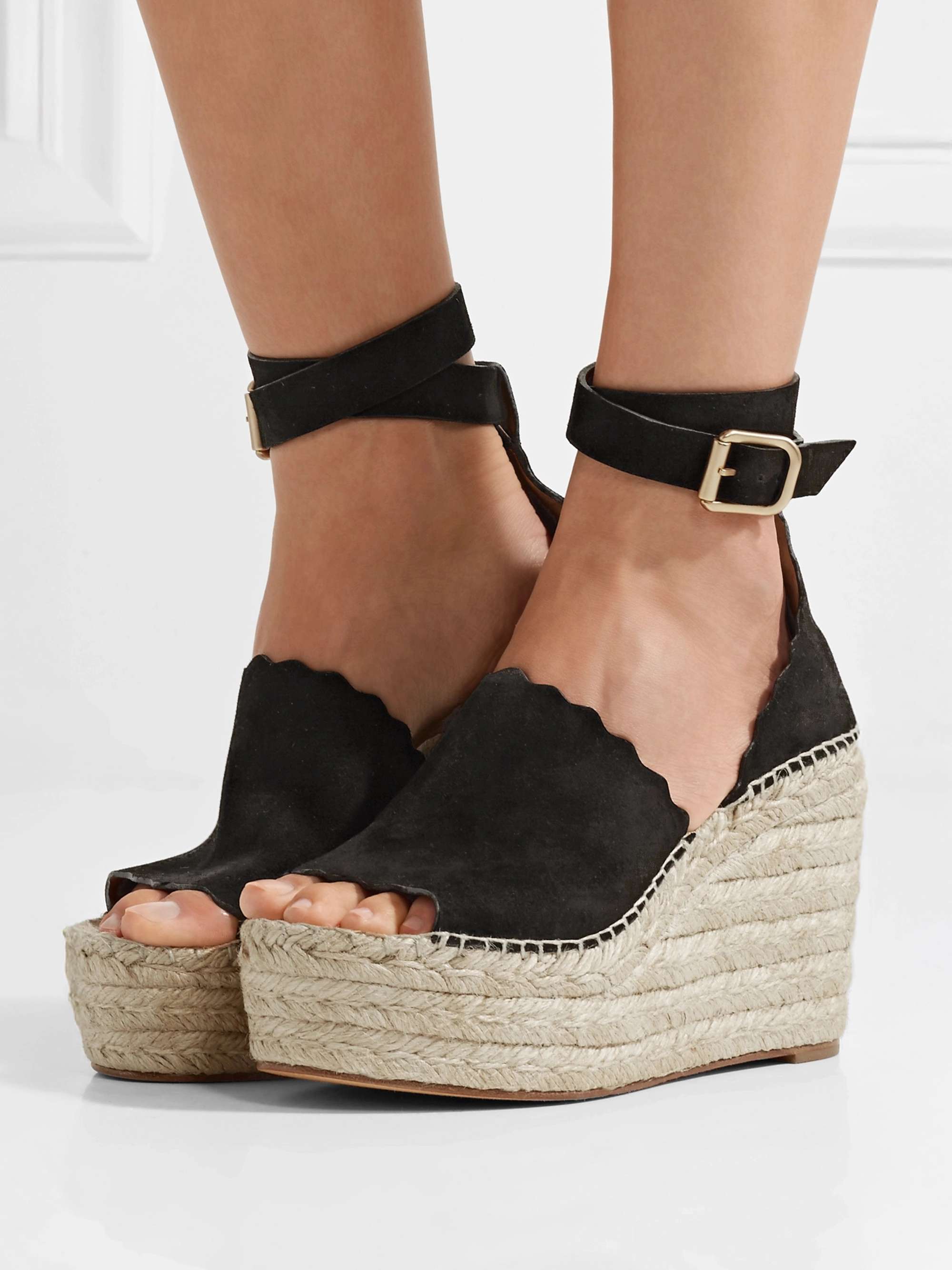 CHLOÉ Lauren scalloped suede espadrille wedge sandals