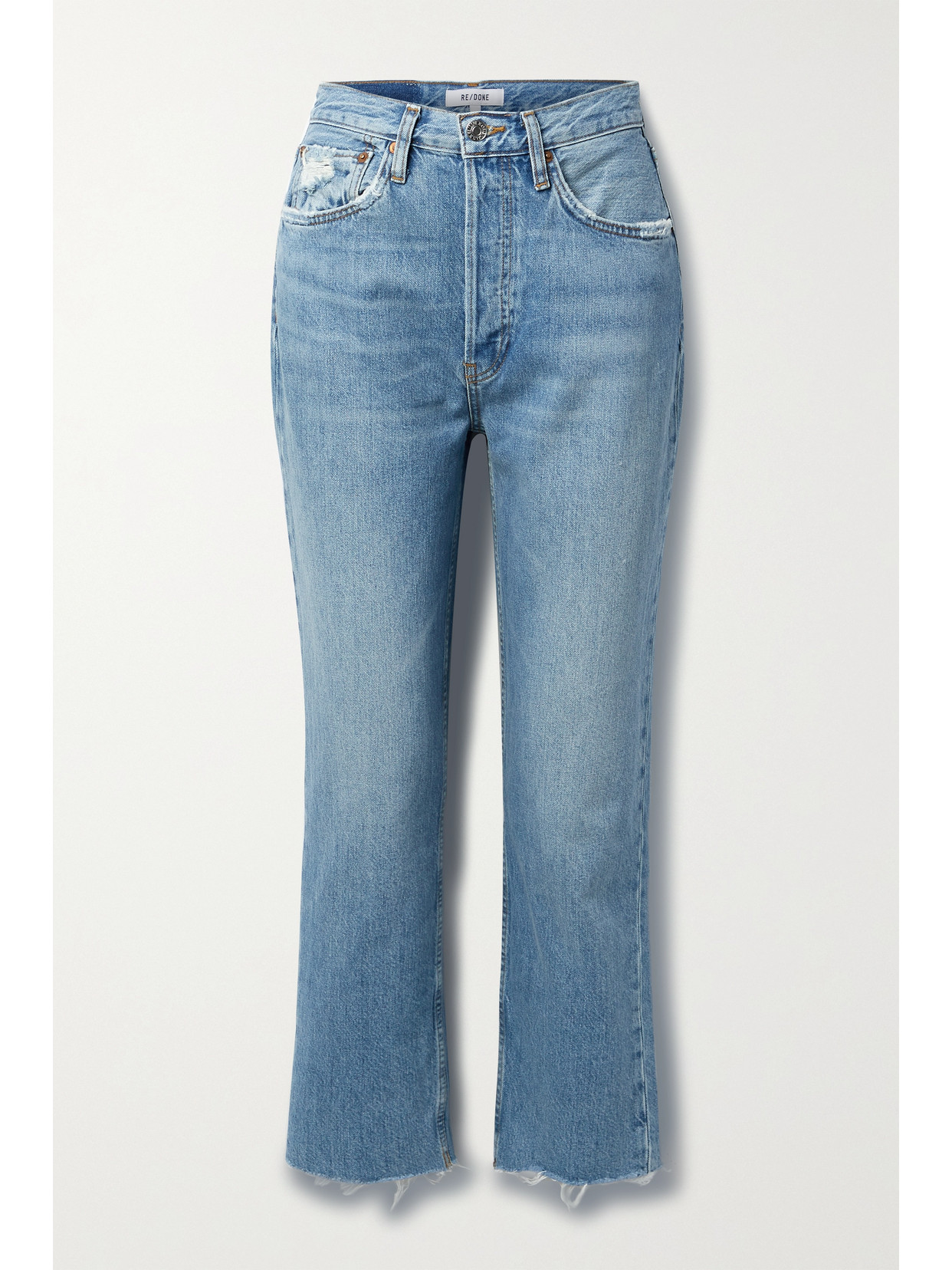 Re/done 70s High Rise Stove Pipe Distressed Straight-leg Jeans In Blue