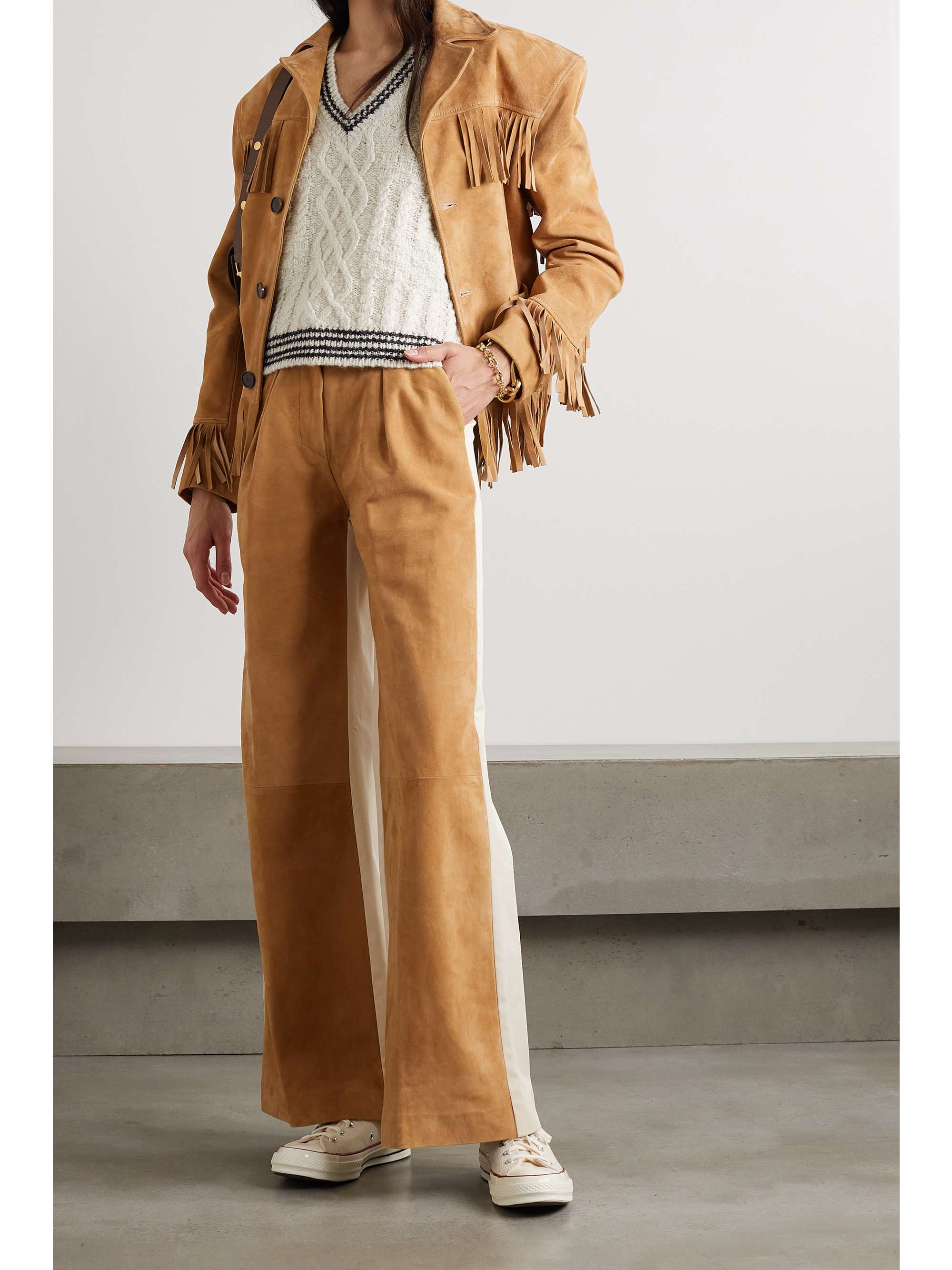 HALFBOY Twill-paneled suede wide-leg pants