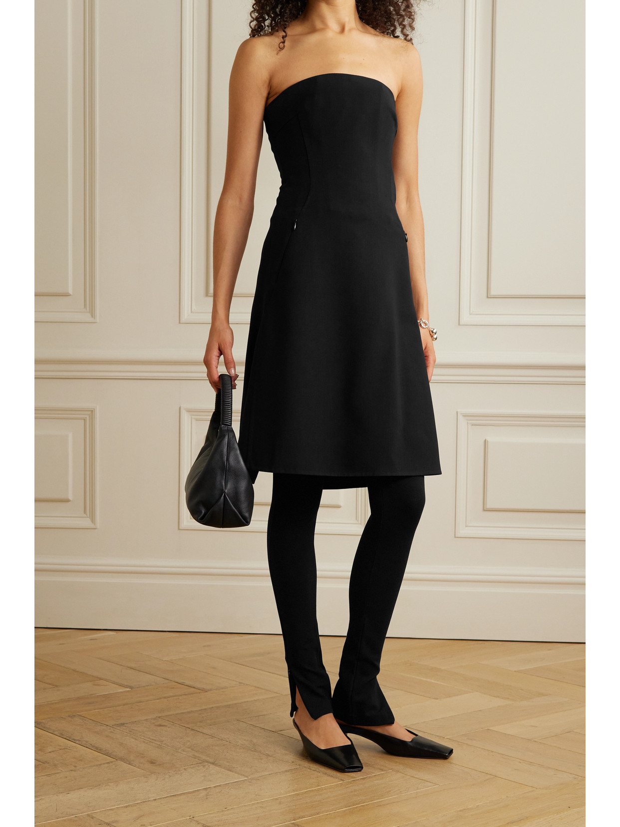 Akris Corsage Strapless Wool Apron Tunic In Black