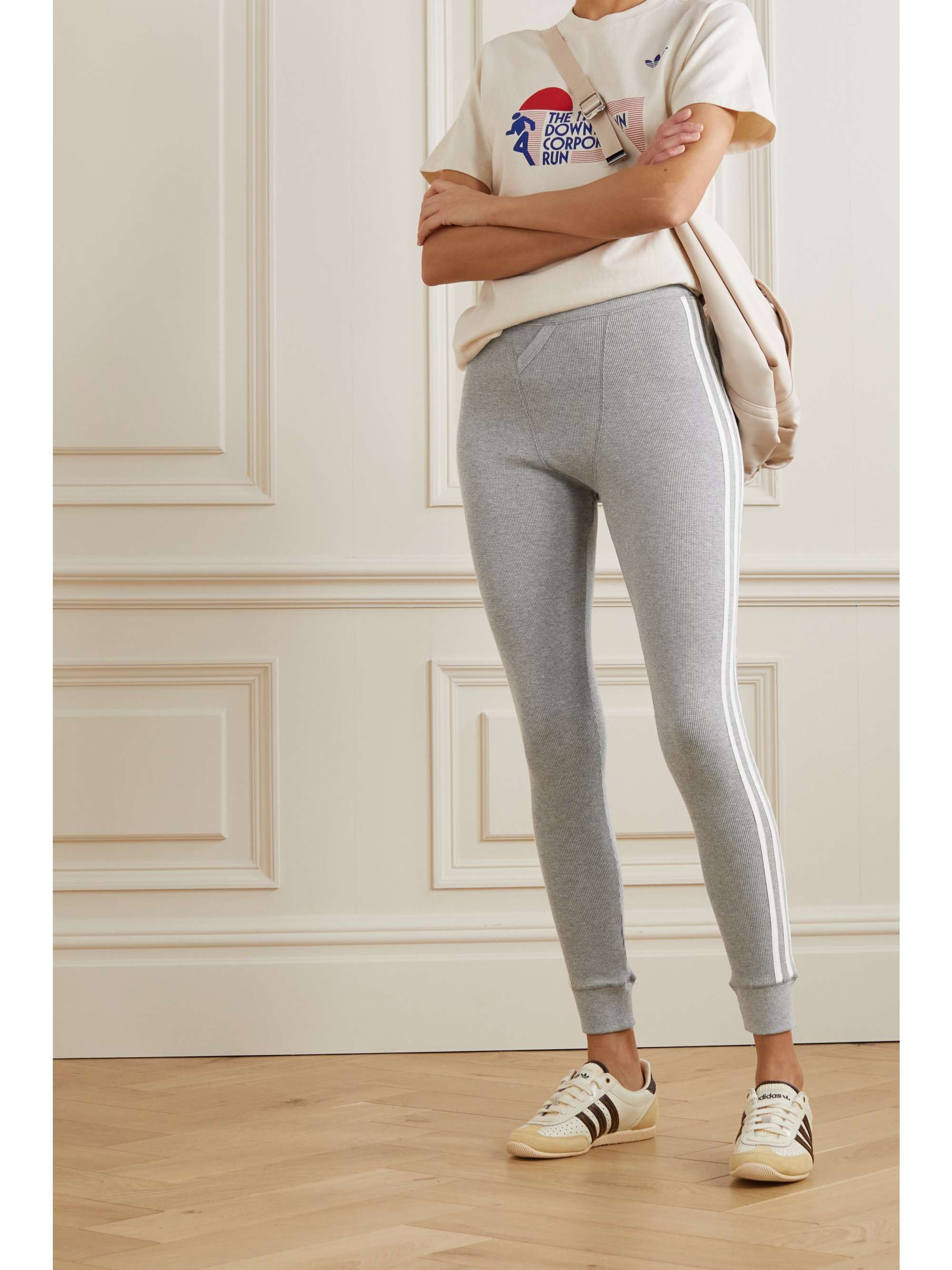 ADIDAS ORIGINALS Striped waffle-knit cotton-blend jersey leggings