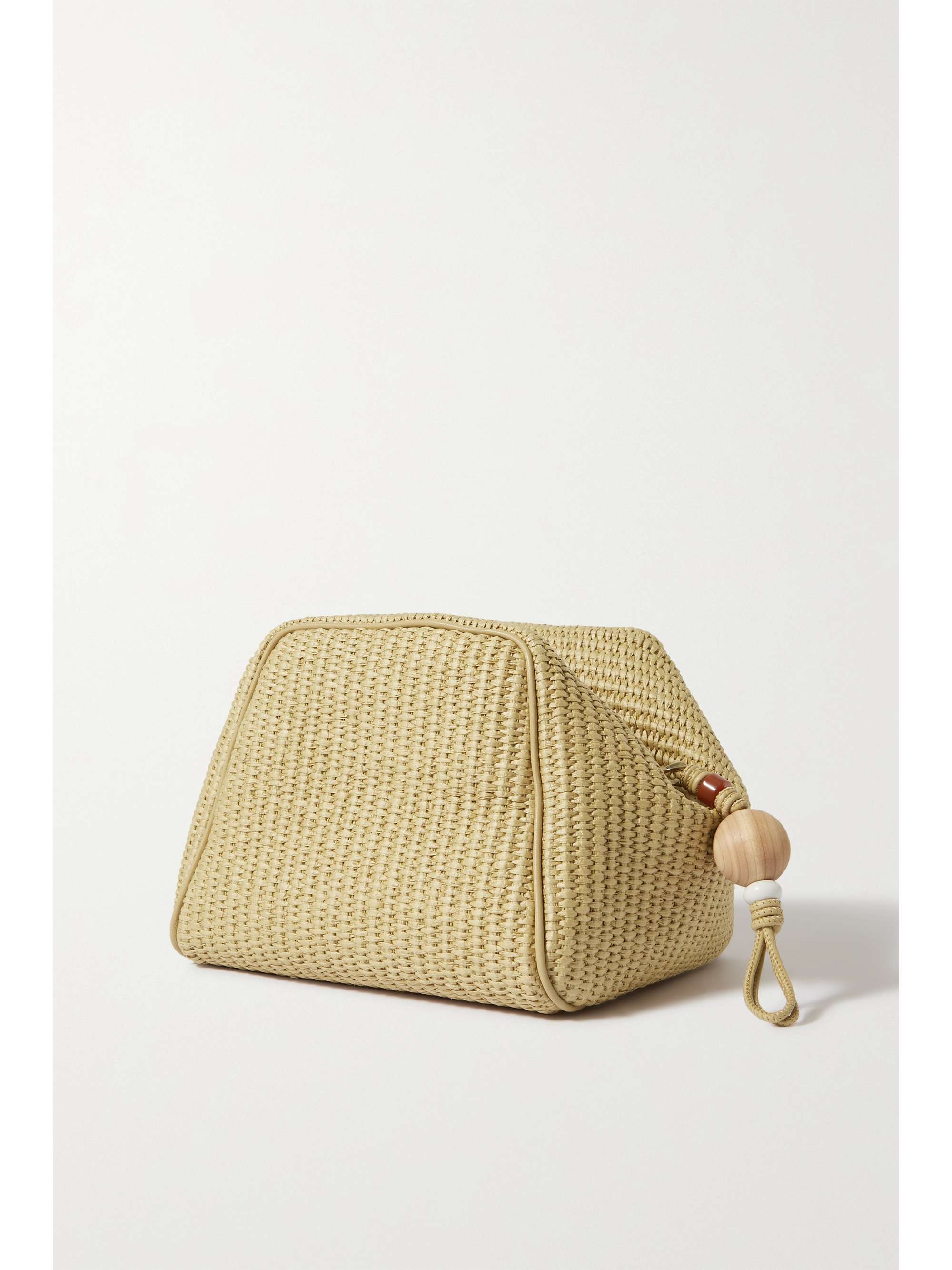 LORO PIANA Puffy beaded leather-trimmed raffia clutch