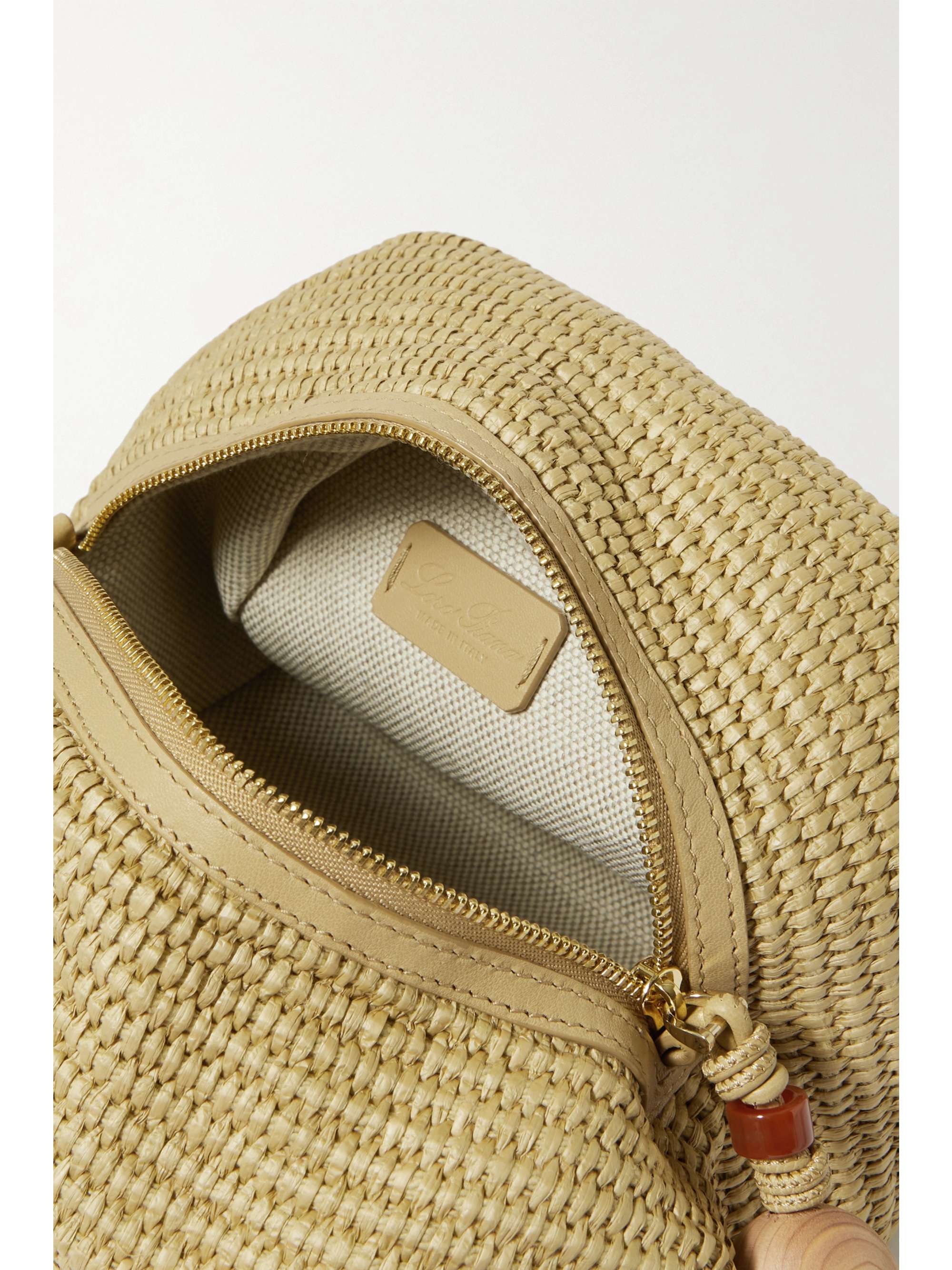 LORO PIANA Puffy beaded leather-trimmed raffia clutch