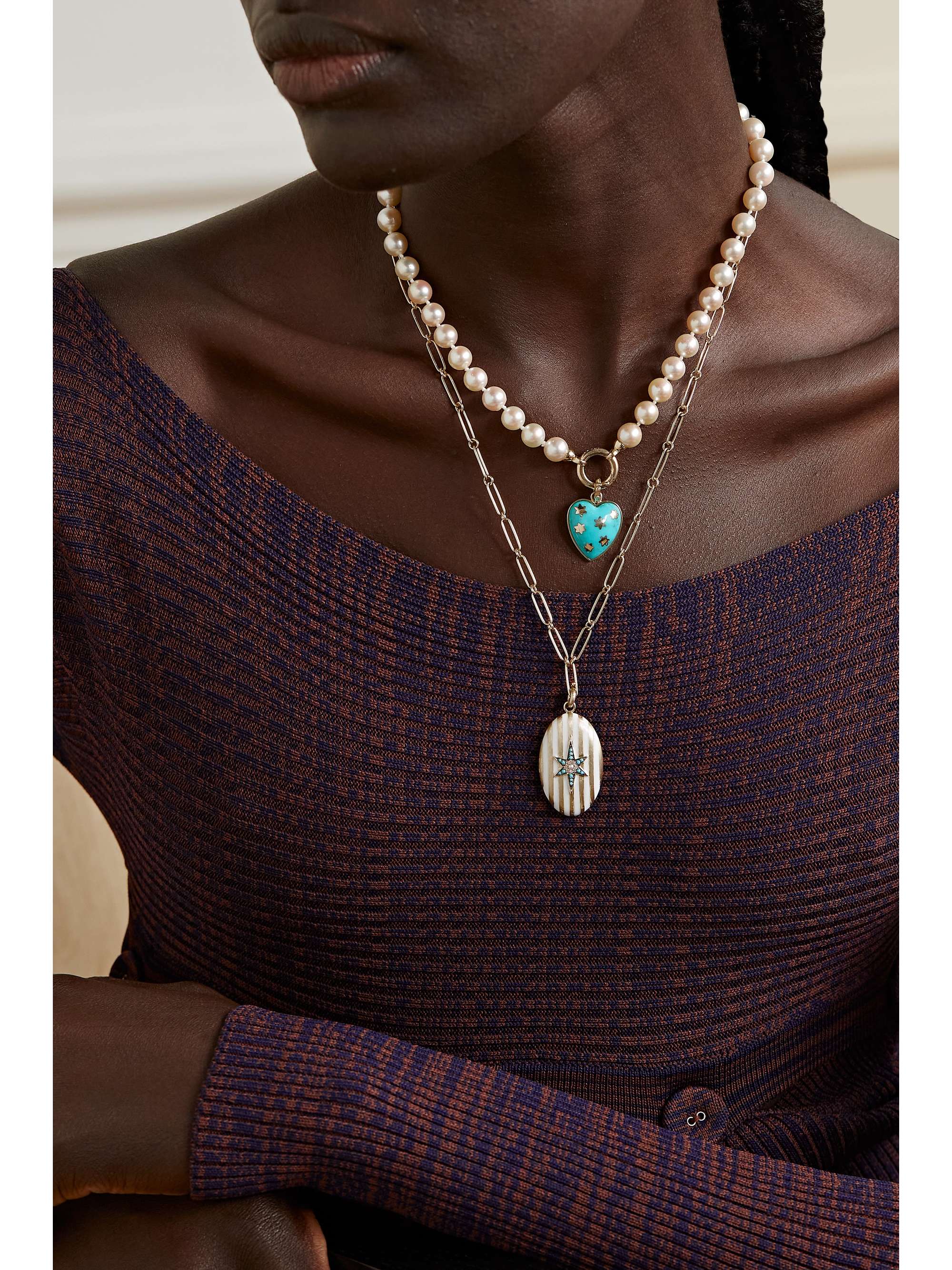 STORROW Anna 14-karat gold, pearl and turquoise necklace