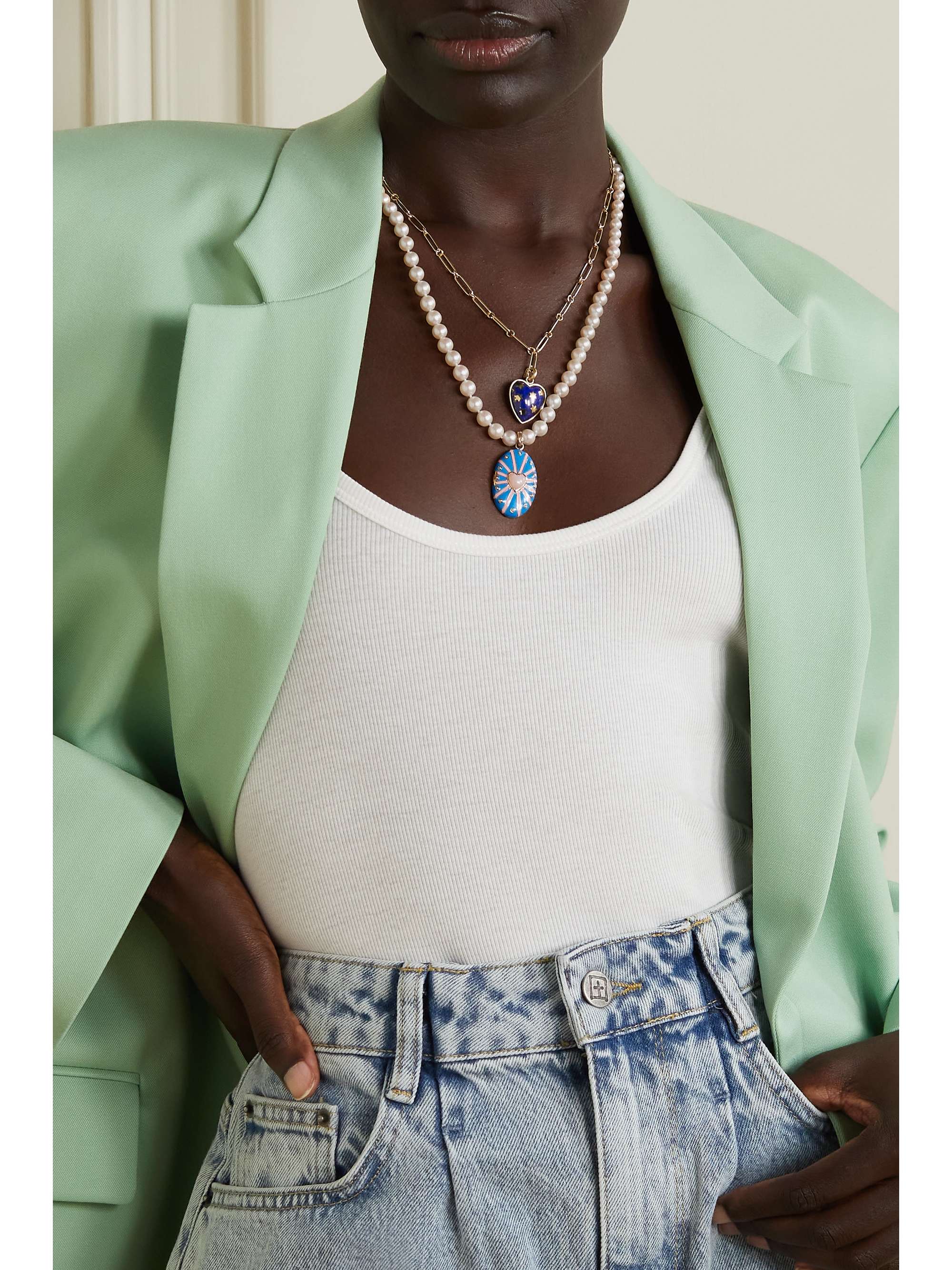 STORROW Eleanor 14-karat gold, enamel, pearl and garnet necklace