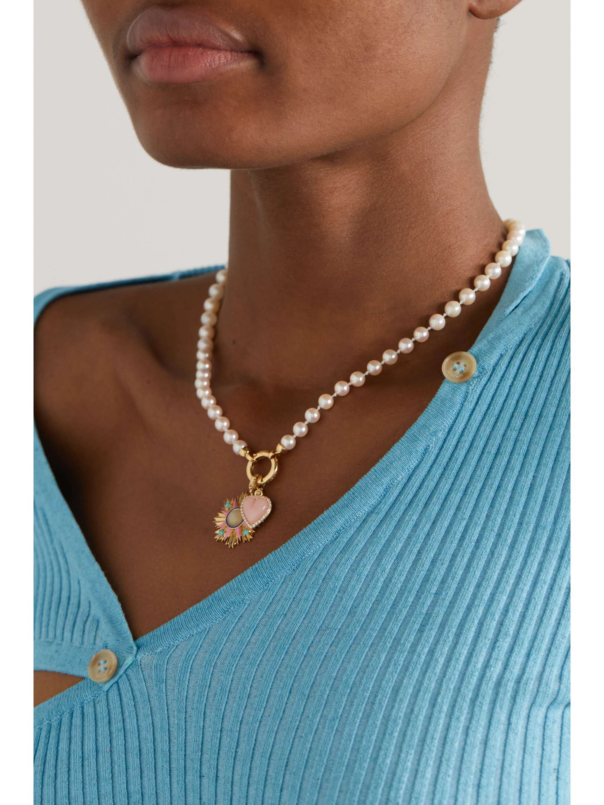 STORROW 14-karat gold opal, diamond and enamel necklace