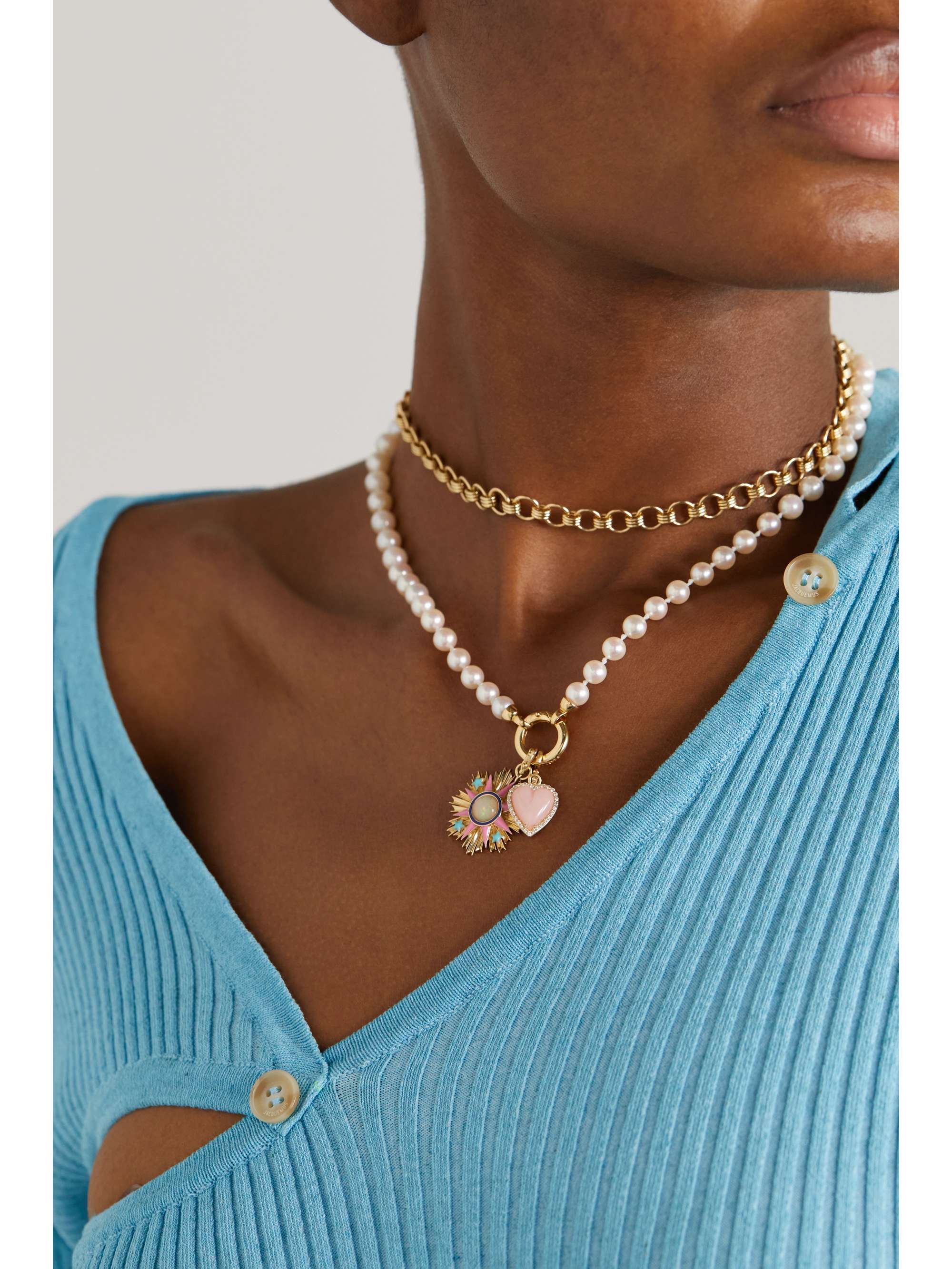 STORROW 14-karat gold opal, diamond and enamel necklace