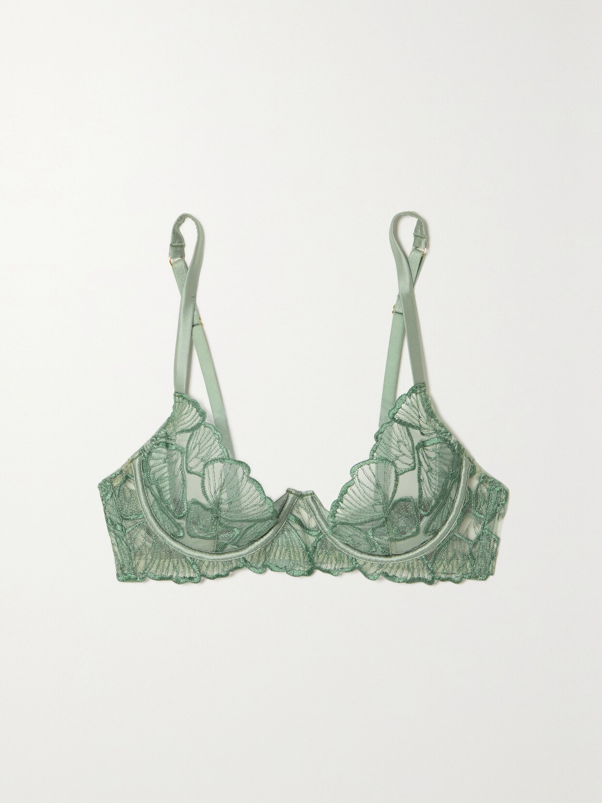 Coco de Mer Mariposa Embroidered Tulle And Satin Underwired Plunge Bra - Green