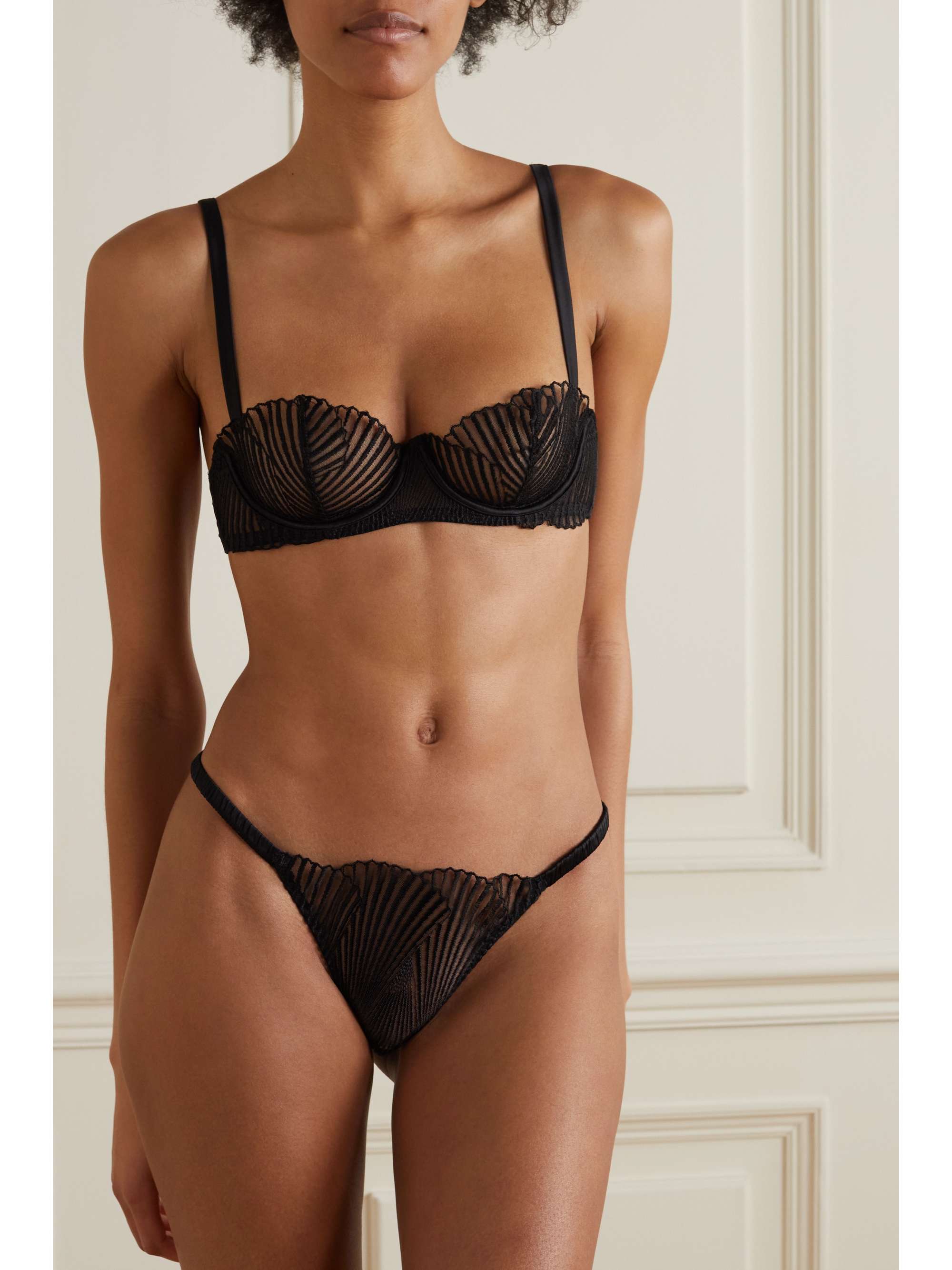 COCO DE MER Athena satin-trimmed embroidered tulle thong