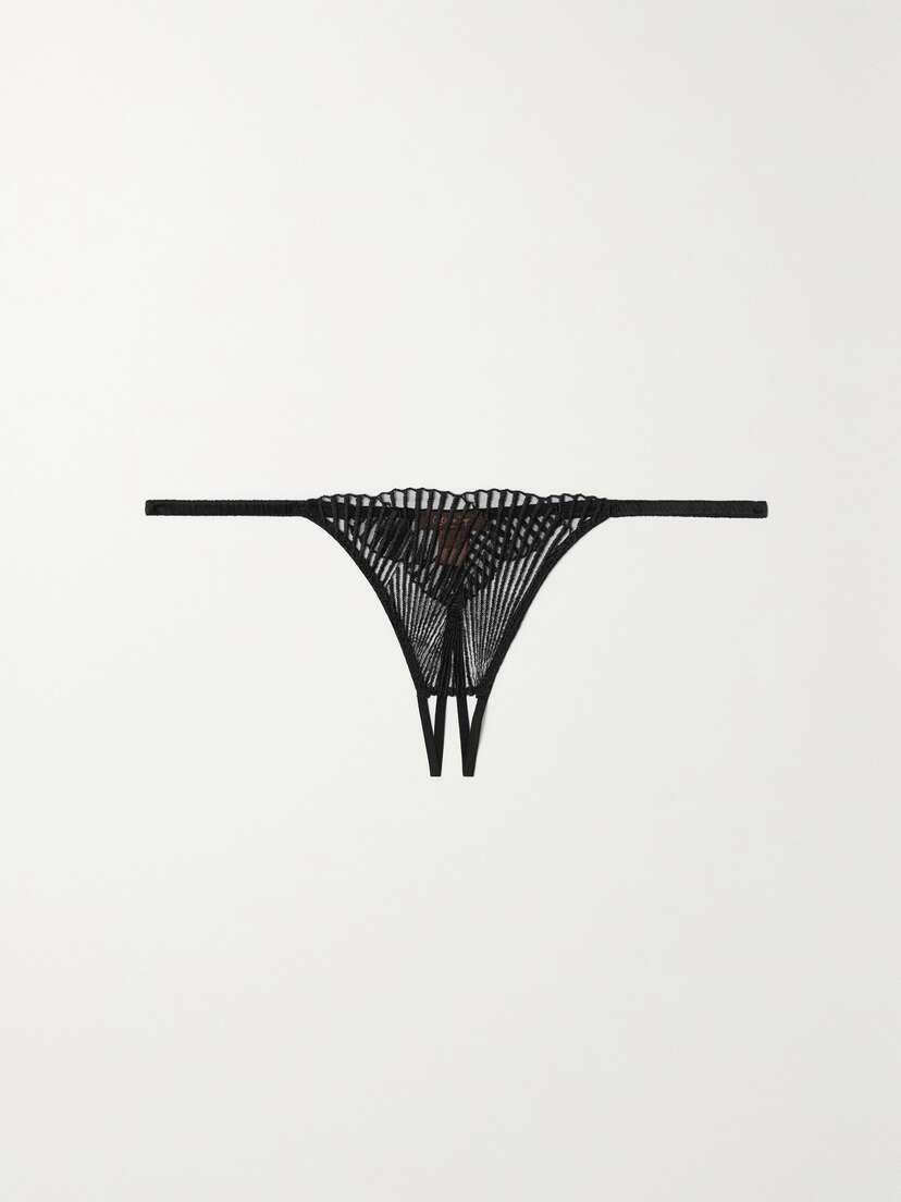 Coco de Mer Athena Satin-trimmed Embroidered Tulle Thong