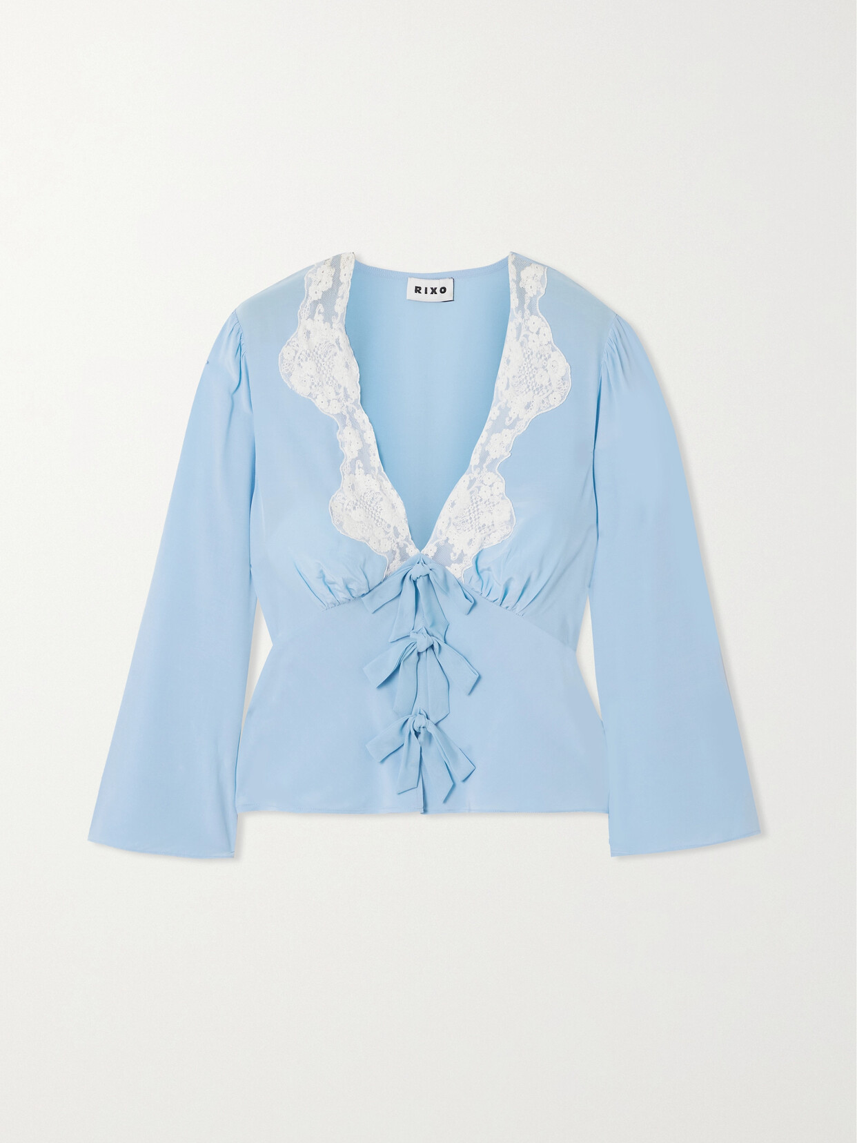 Shop Rixo London Rochelle Cotton-blend Lace-trimmed Crepe De Chine Blouse In Blue